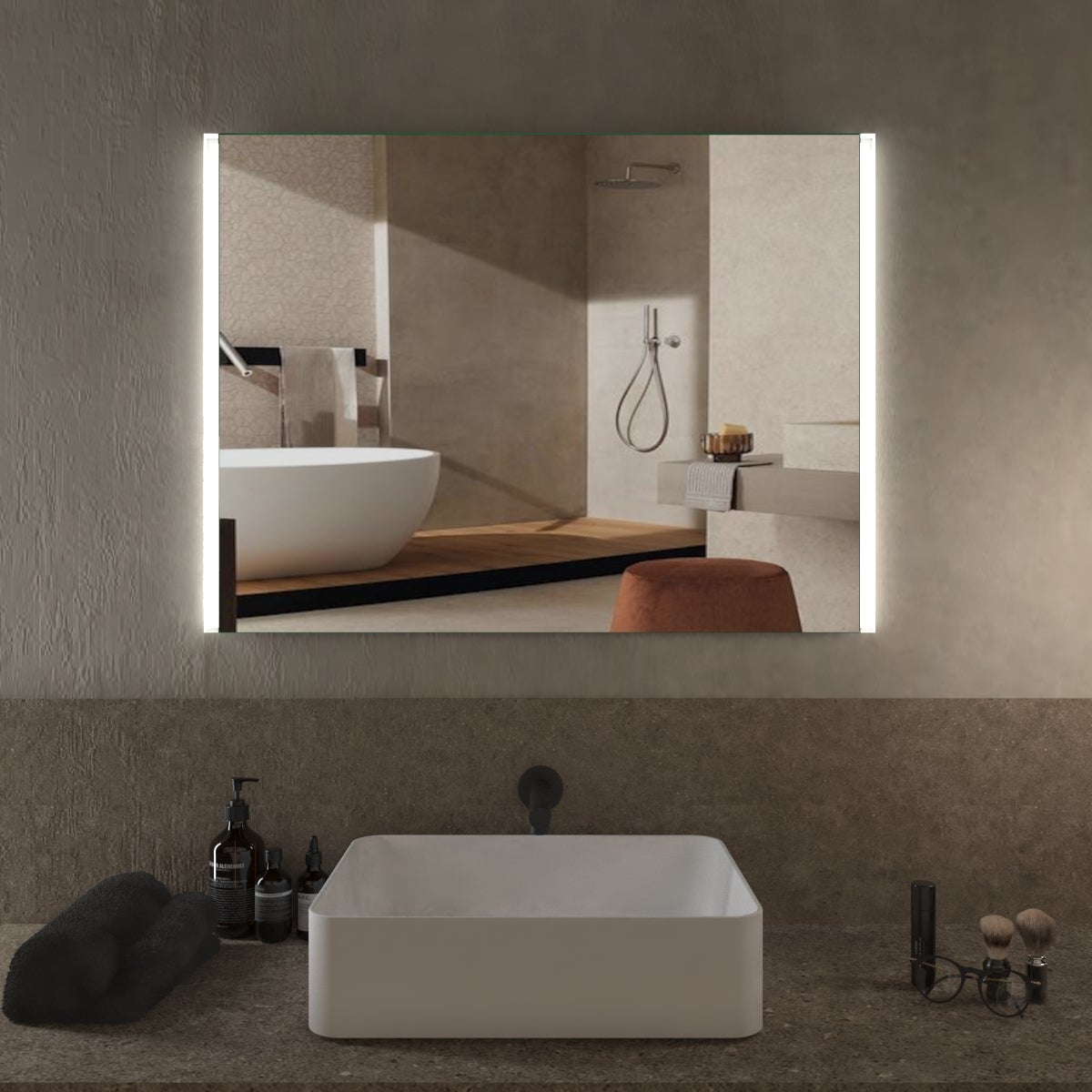 Specchio con illuminazione integrata completo di faretto bagno rettangolare L 90 x H 70 x P 2.5 cm - 2