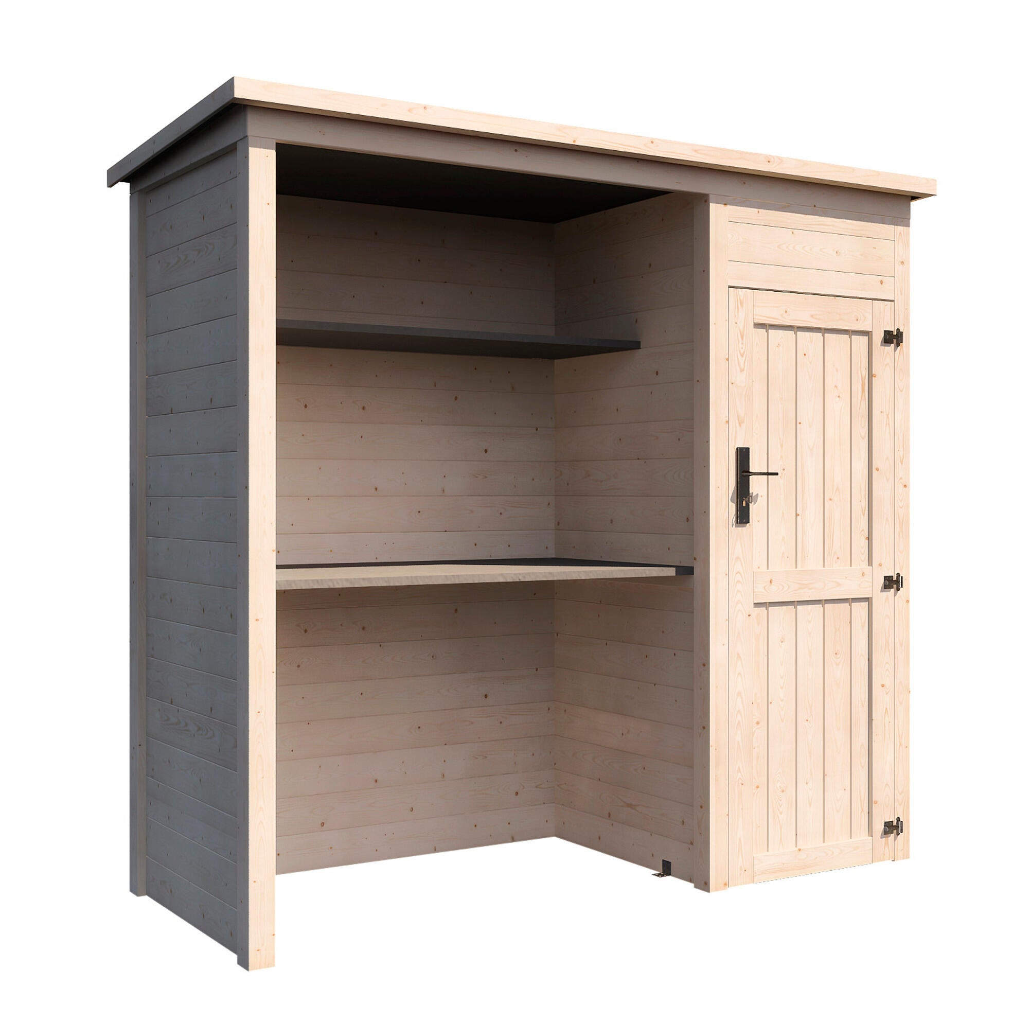 Caseta de madera bruna de 229.5 x 206 x 91.5 cm y 2.1 m²