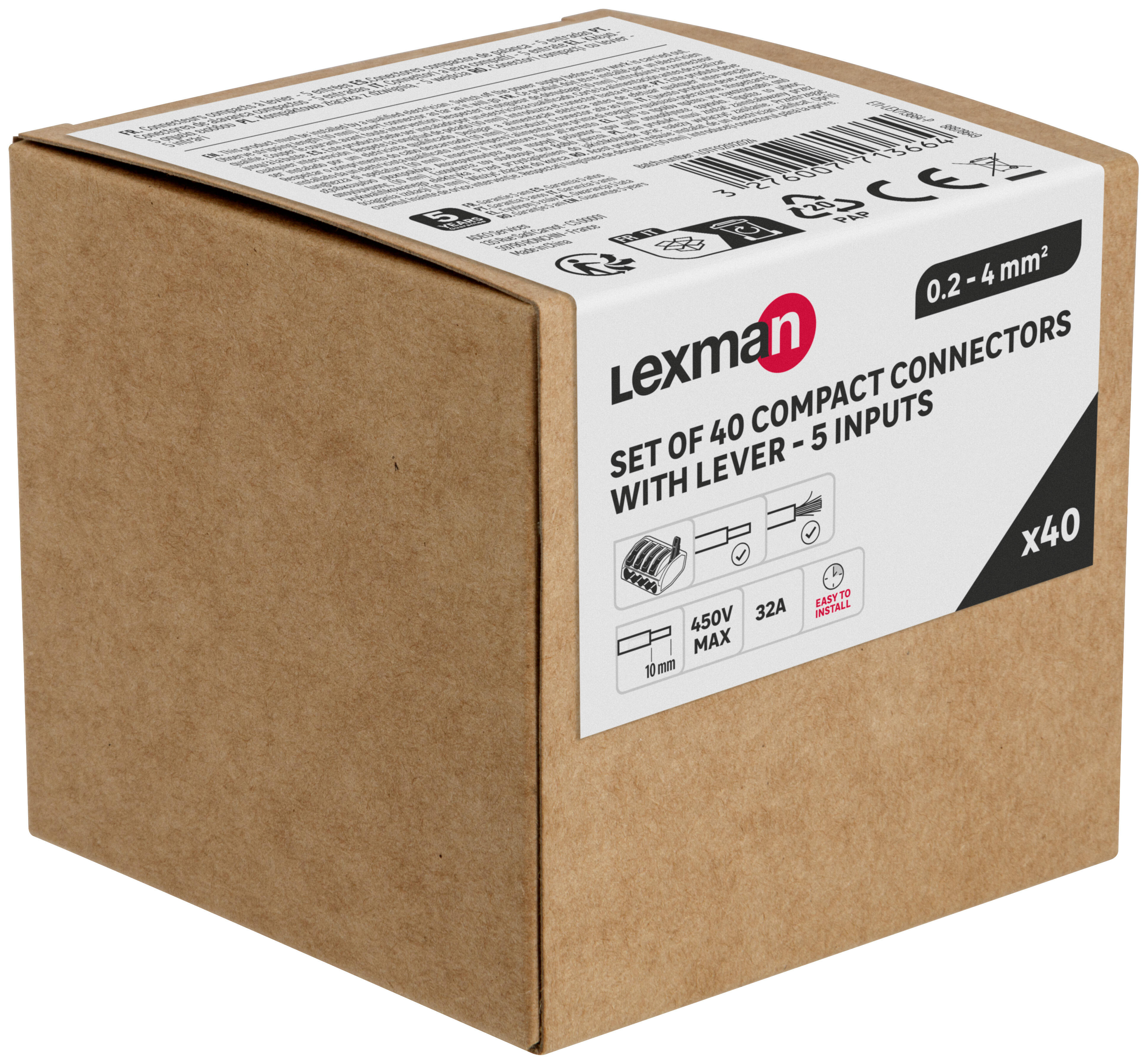 Lot de 40 minibornes à levier, 4mm² pour rigide et souple LEXMAN 5 FILS - 4