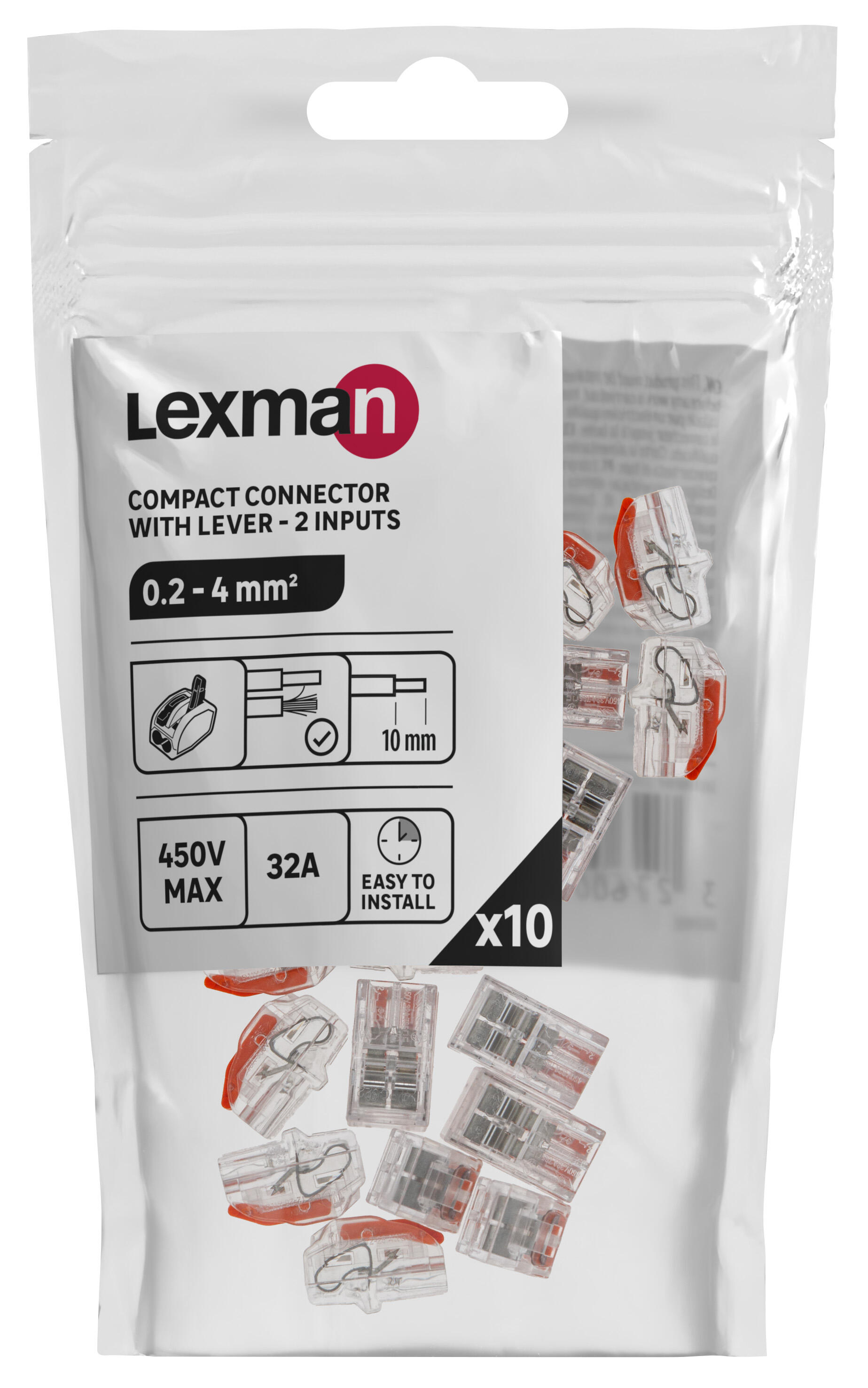 Lot de 10 minibornes à levier, 4mm² pour rigide et souple LEXMAN 2 FILS - 4
