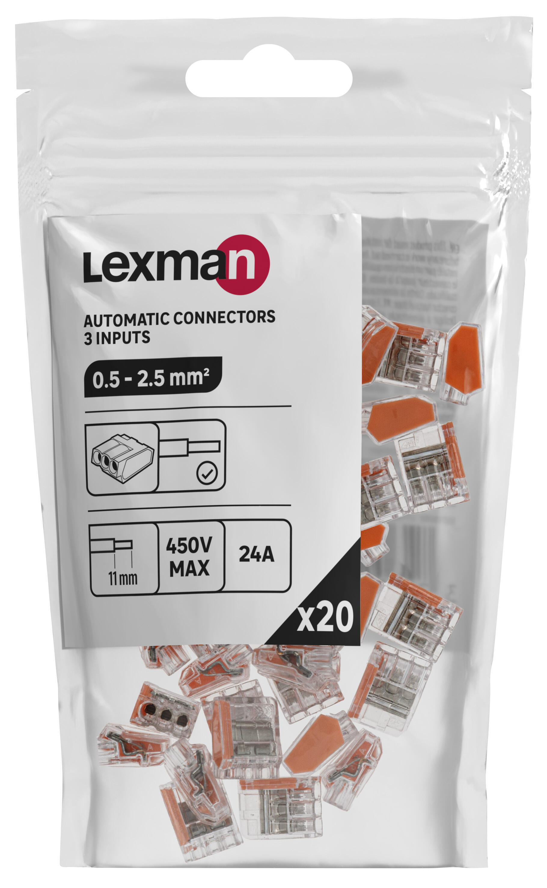 Lot de 20 bornes automatiques, 2.5mm² pour rigide LEXMAN 3 FILS - 3
