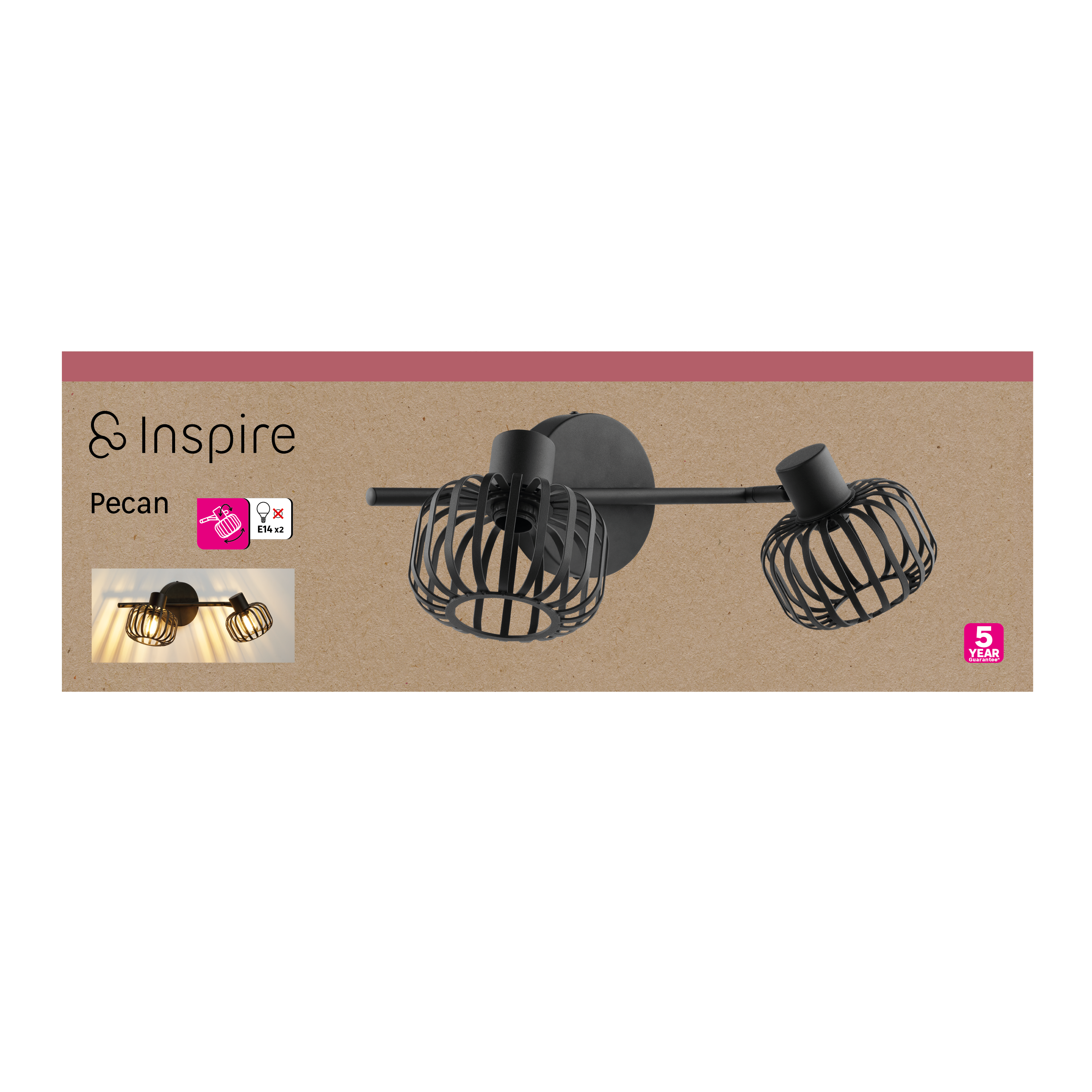 Rampe de 2 spots Pecan, noir, E14, INSPIRE - 10