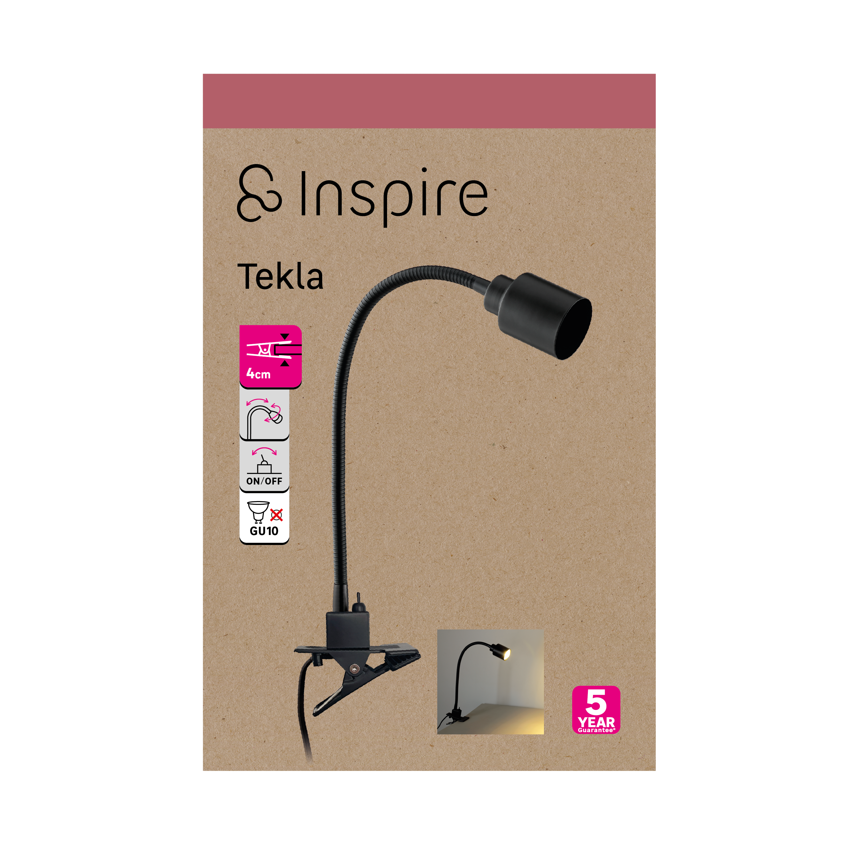 Flexo para escritorio compatible con casquillo GU10 Tekla INSPIRE con estructura acero negro de pinza alimentación a red - 4