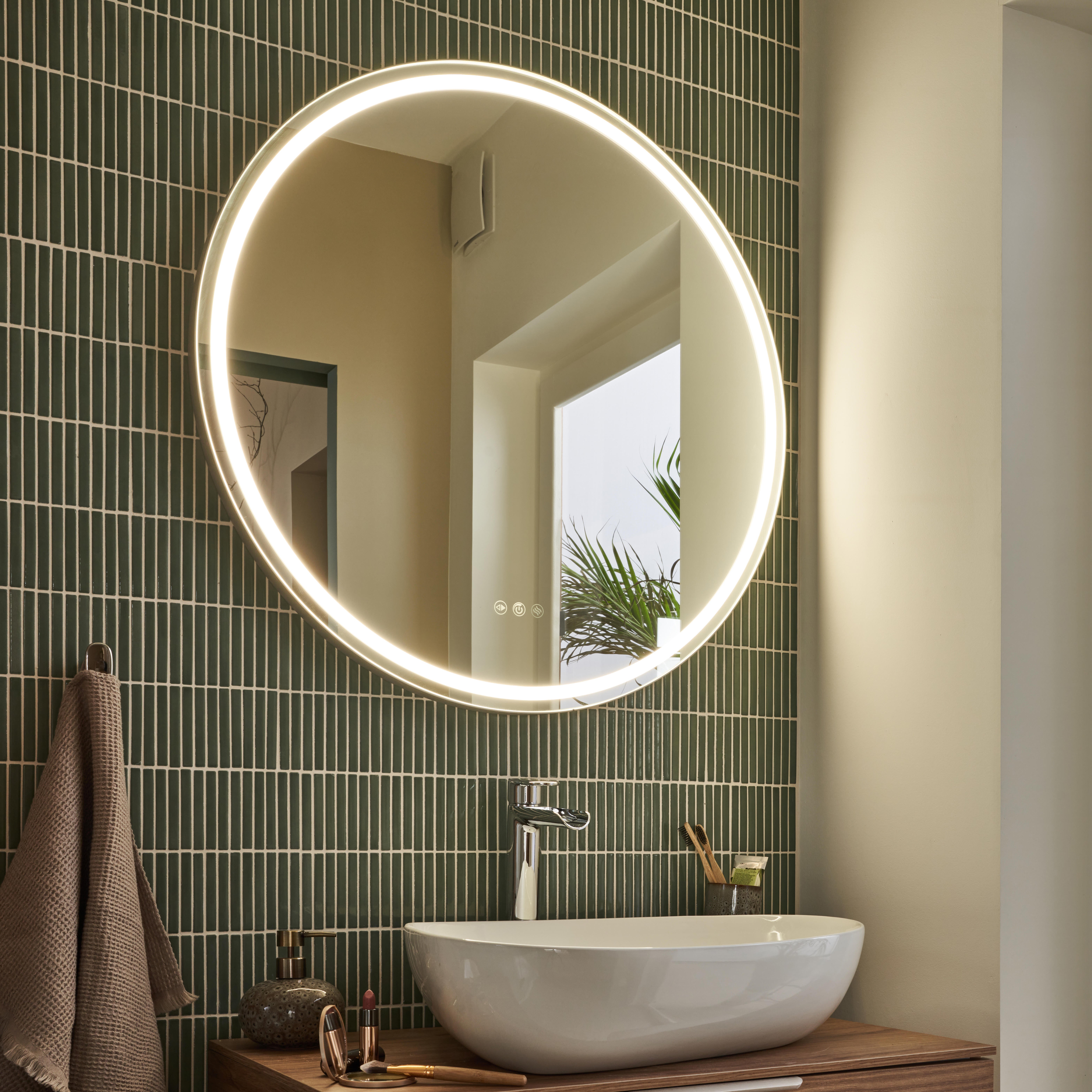 Espejo de baño redondo con luz LED ambiente New Frame 80 cm de diámetro con antivaho, táctil color plata - 15