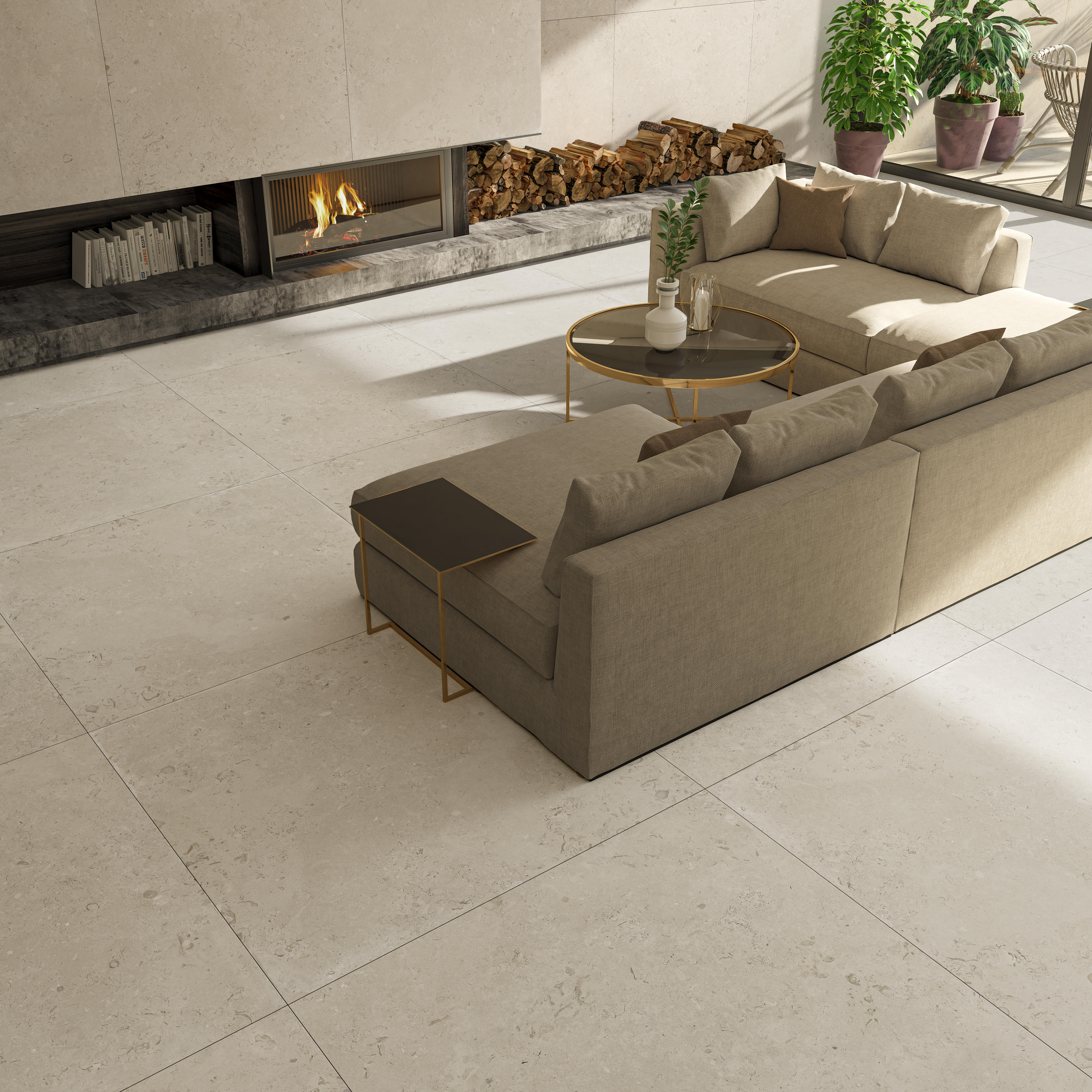 Suelo porcelánico coralina efecto piedra beige 90x90 cm c1