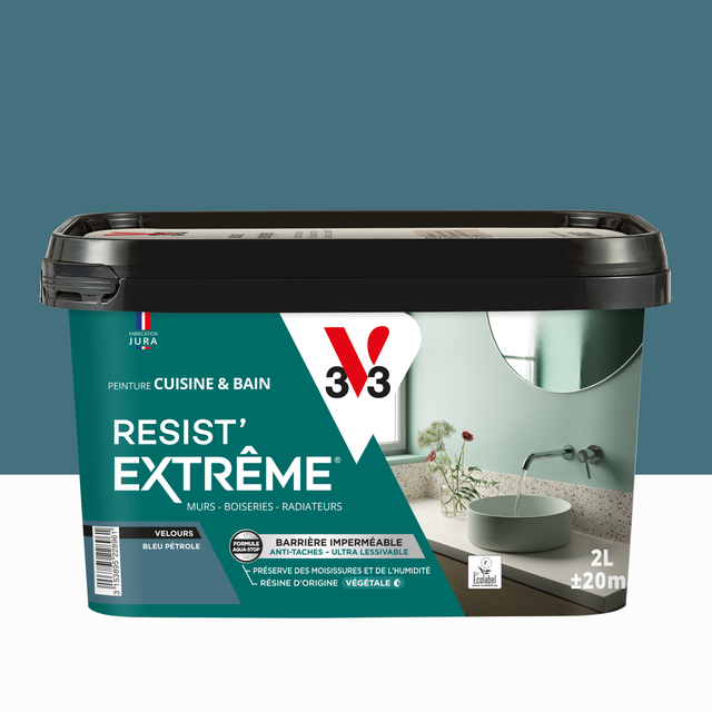 Peinture mur bleu pétrole velours V33 Resist extrême cuisine et bain 2L