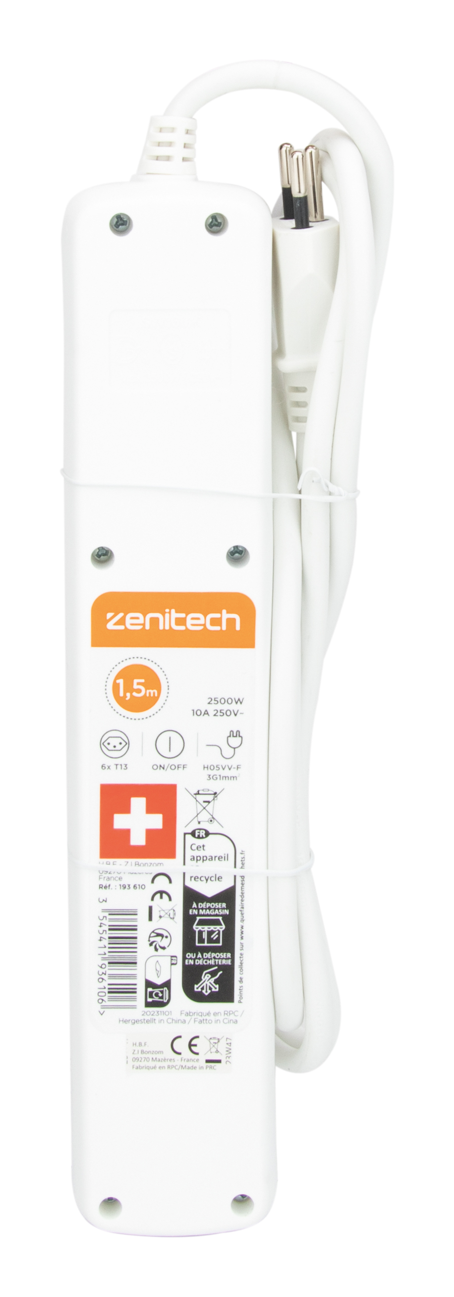 Bloc 6 prises + interrupteur Suisse, blanc - 3