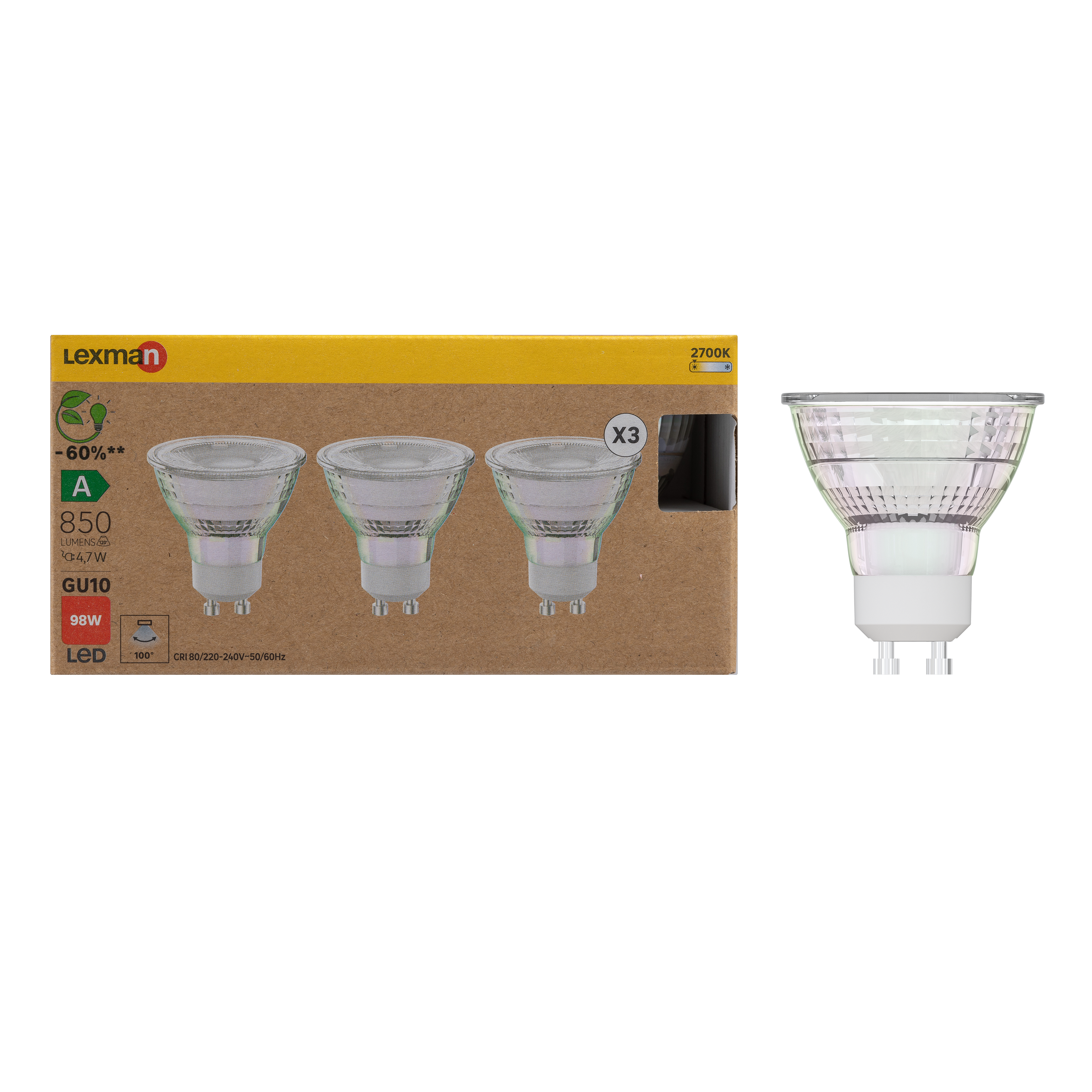 Pack de 3 bombillas led gu10 850 lm blanco cálido clase a