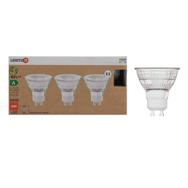 Lot de 3 ampoules led, réflecteur GU10, 450lm = 55W, blanc neutre, LEXMAN