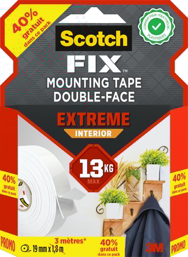 Ruban adhésif double-face Extrême intérieur SCOTCH FIX L.3 m x l.19 mm