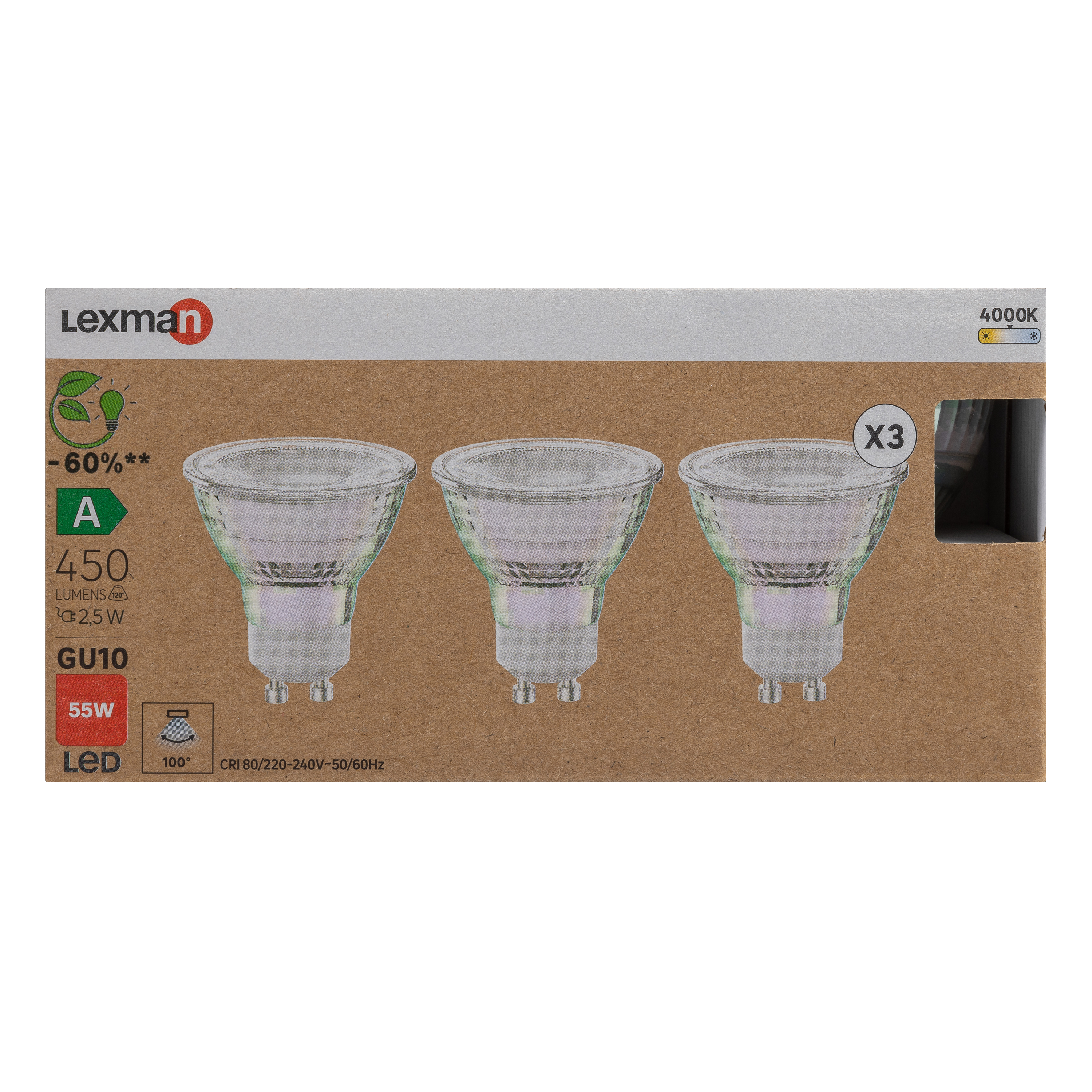Lot de 3 ampoules led, réflecteur GU10, 450lm = 55W, blanc neutre, LEXMAN - 5
