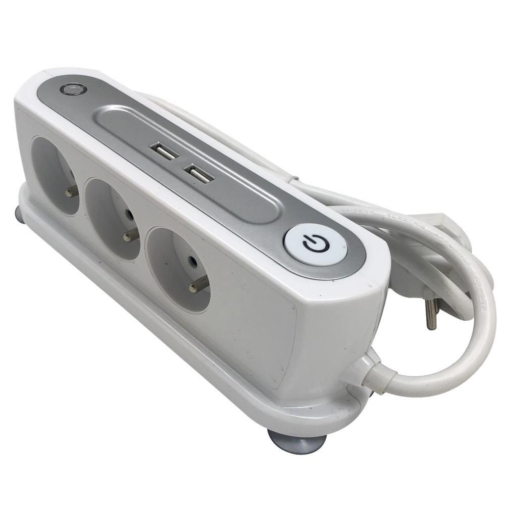 Przedłużacz stojący z 3 gniazdami z uziemieniem i wyłącznikiem plus 2XUSB 1.5 m szaro-biały