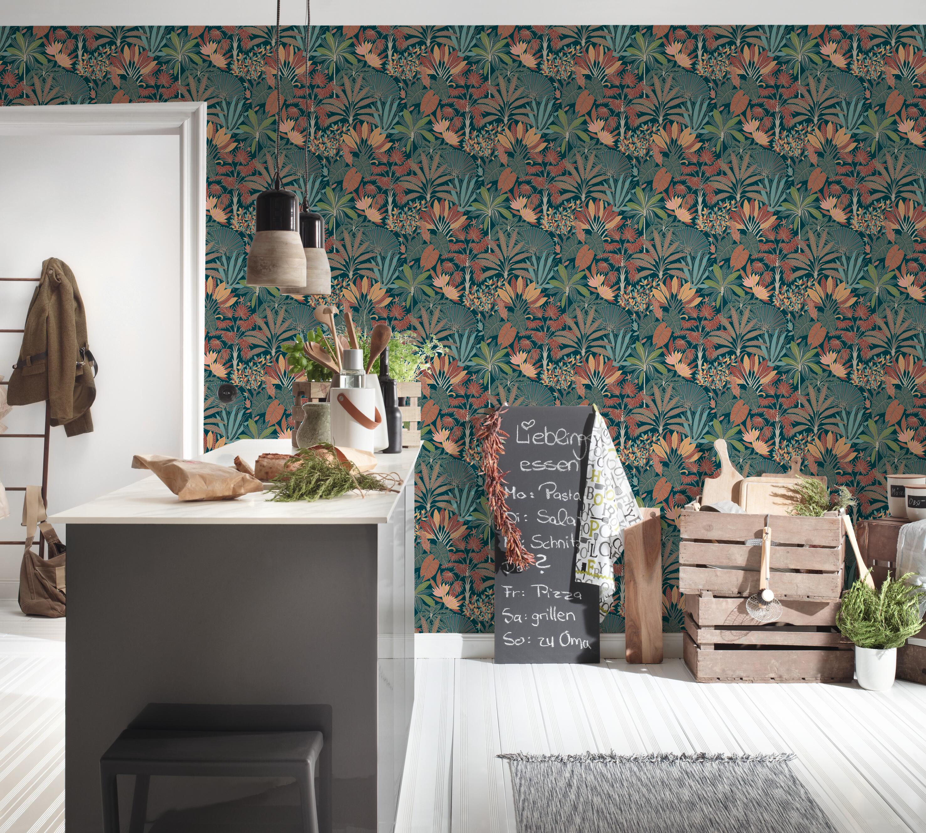 Papel pintado vinilo aplicación cola en pared Naturaleza Tropical dark azul  A.S. CREATION 53cmx10.05m superlavable apto para cocinas o baños - 7
