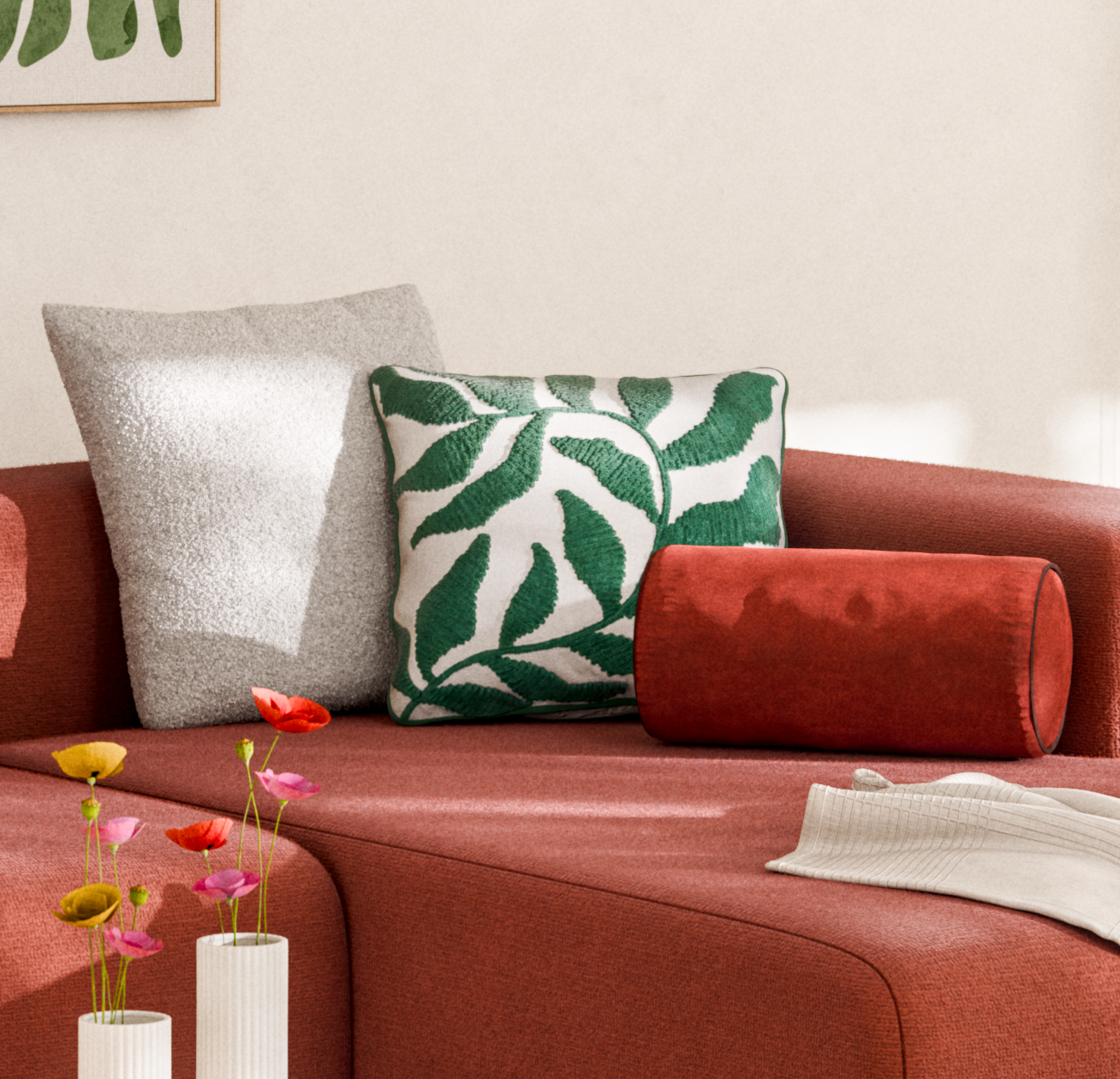 Cojín decorativo cuadrado Kannan Kelp chenilla planta blanco y verde 45x45cm - 3