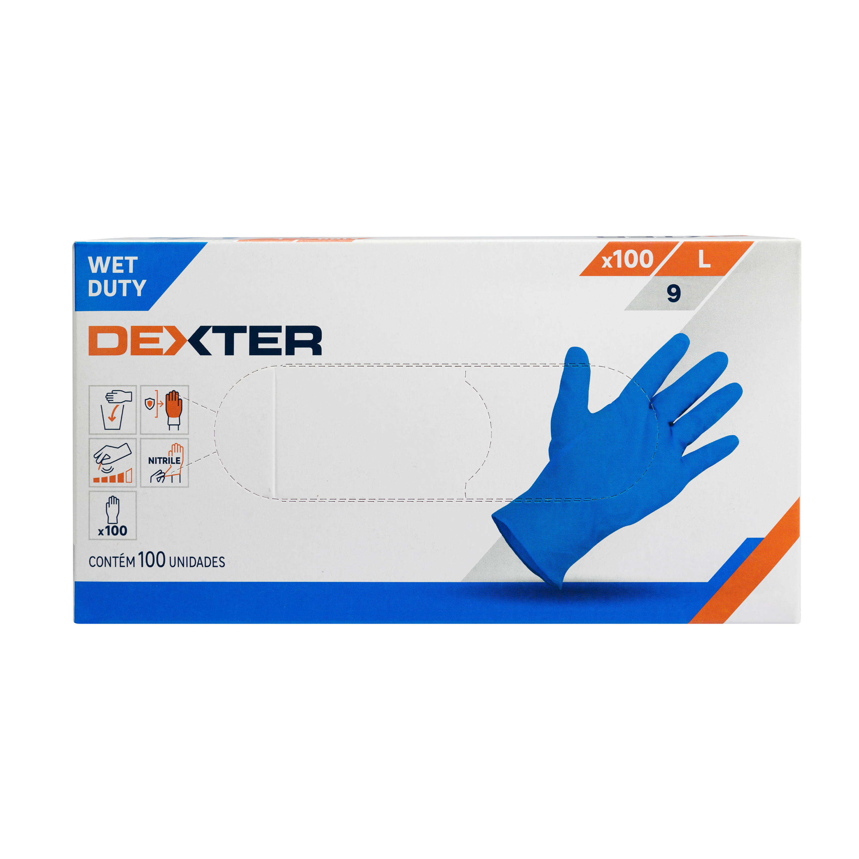 100 luvas descartáveis nitrilo azul sem pó tamanho 9L Dexter - 3