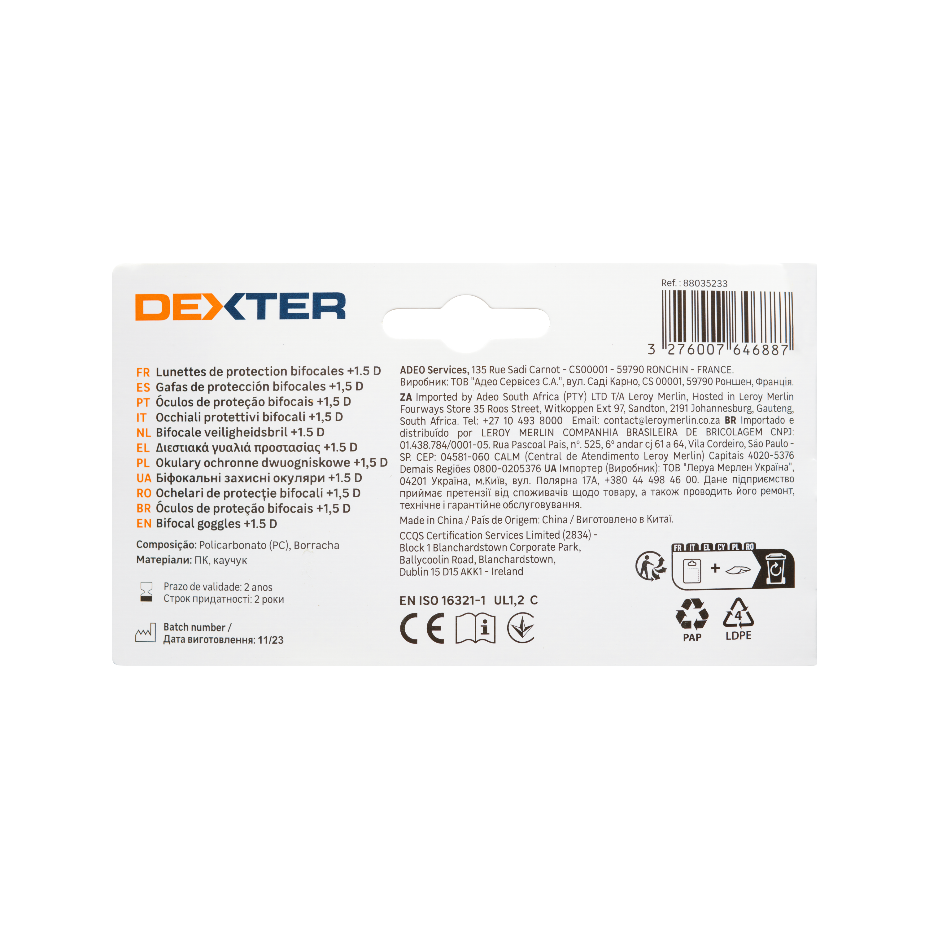 Lunettes de sécurité correctrices +1.5 DEXTER, verres incolore antirayures - 5