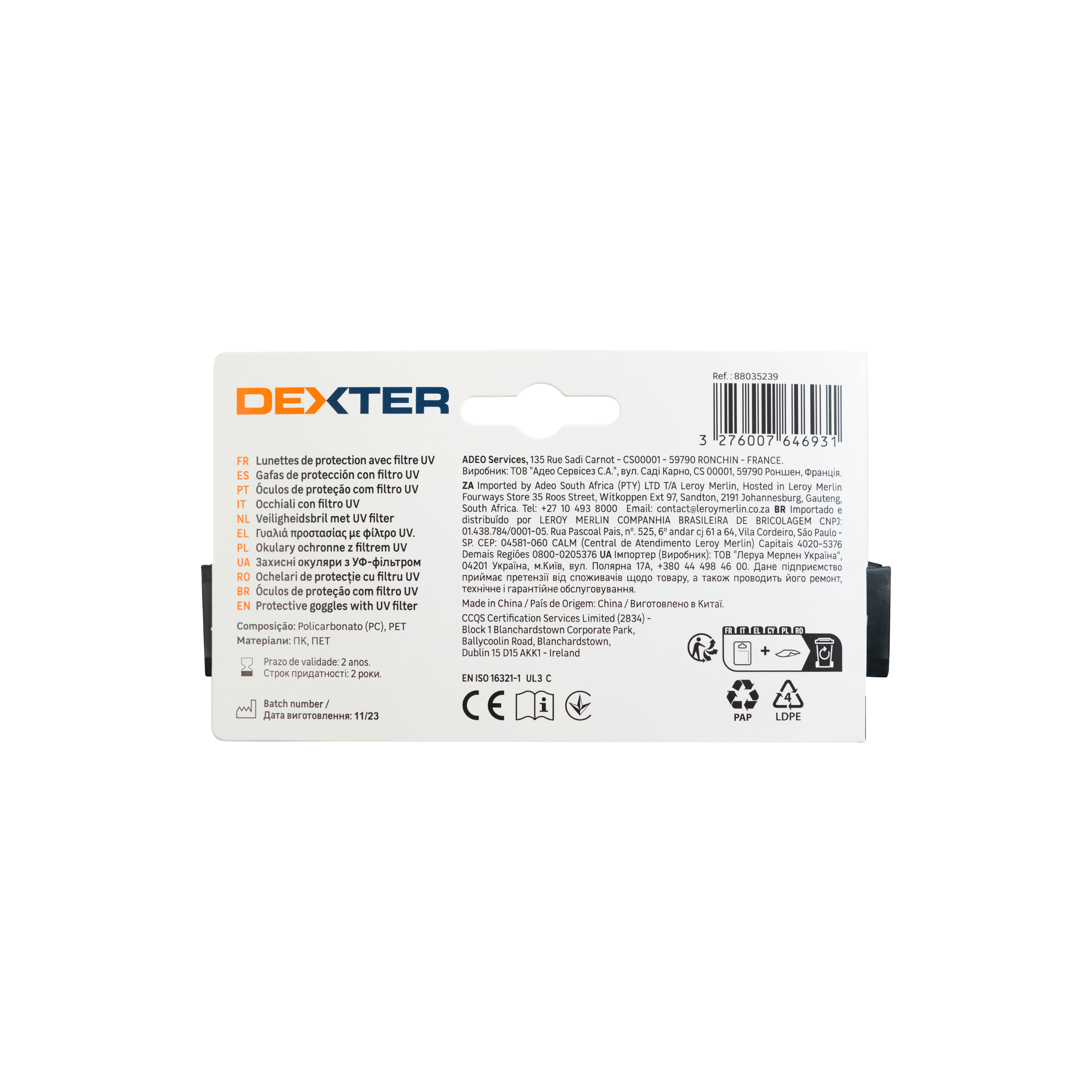 Óculos de proteção policarbonato proteção UV Dexter - 4