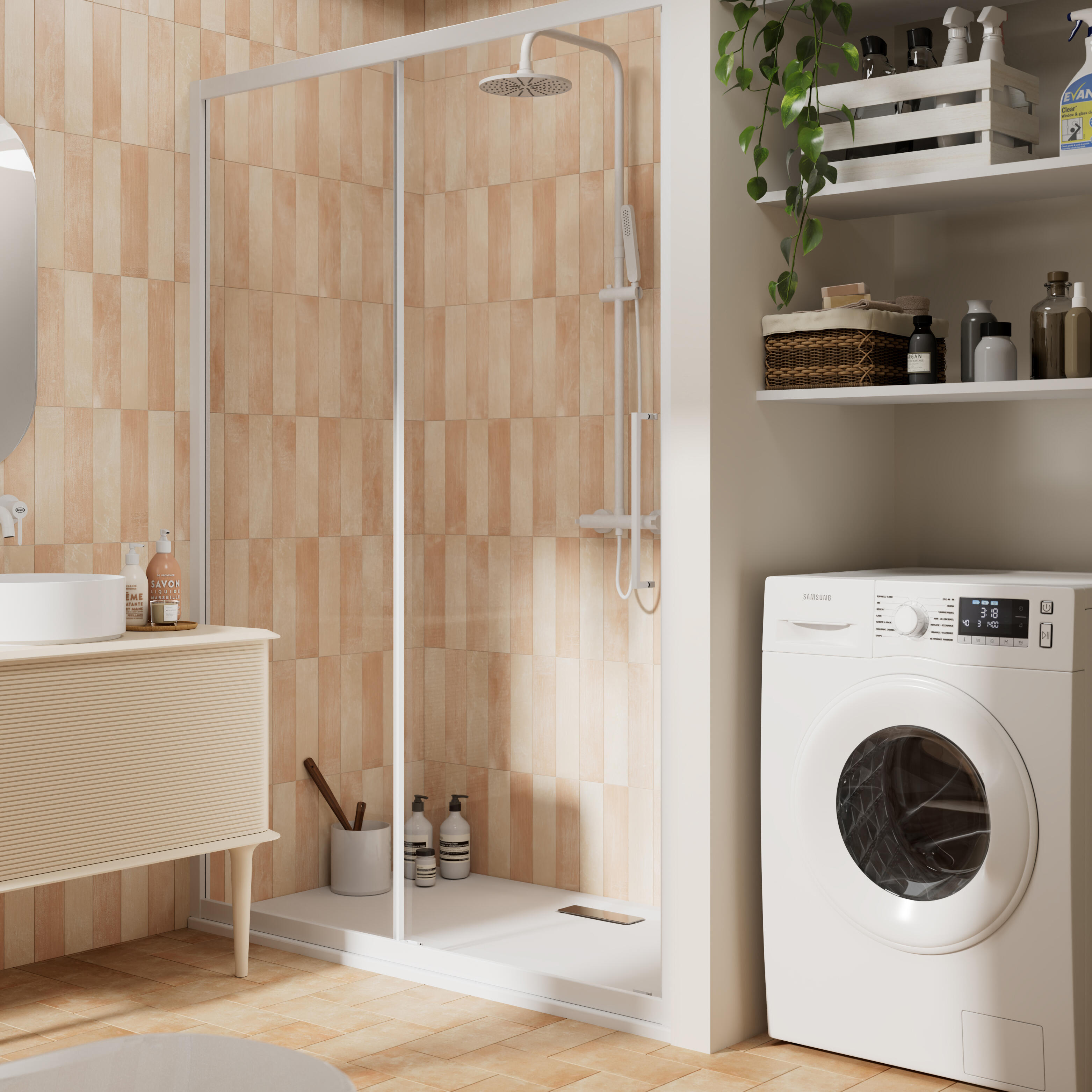 Porta doccia scorrevole L 142-146 cm x H 195 cm, per nicchia in vetro trasparente SP. 6 mm, profilo opaco bianco, serie Record - 2