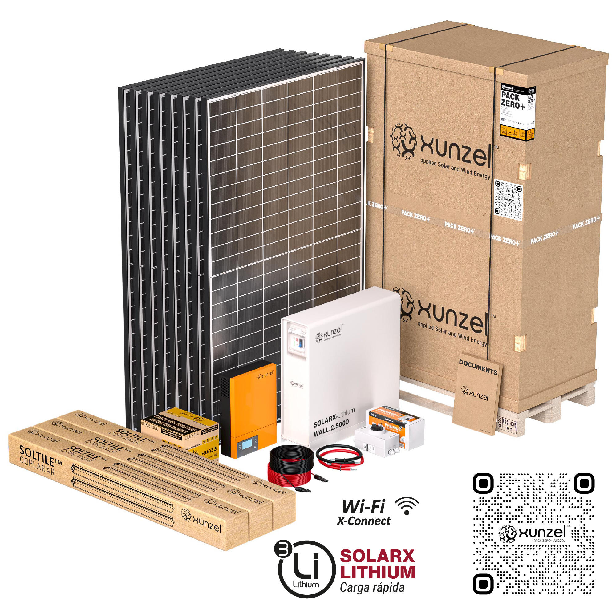 Kit solar litio pack zero+ax270l xunzel 20kwhd,bat 5kwh,invers 5kw wifi,soportes