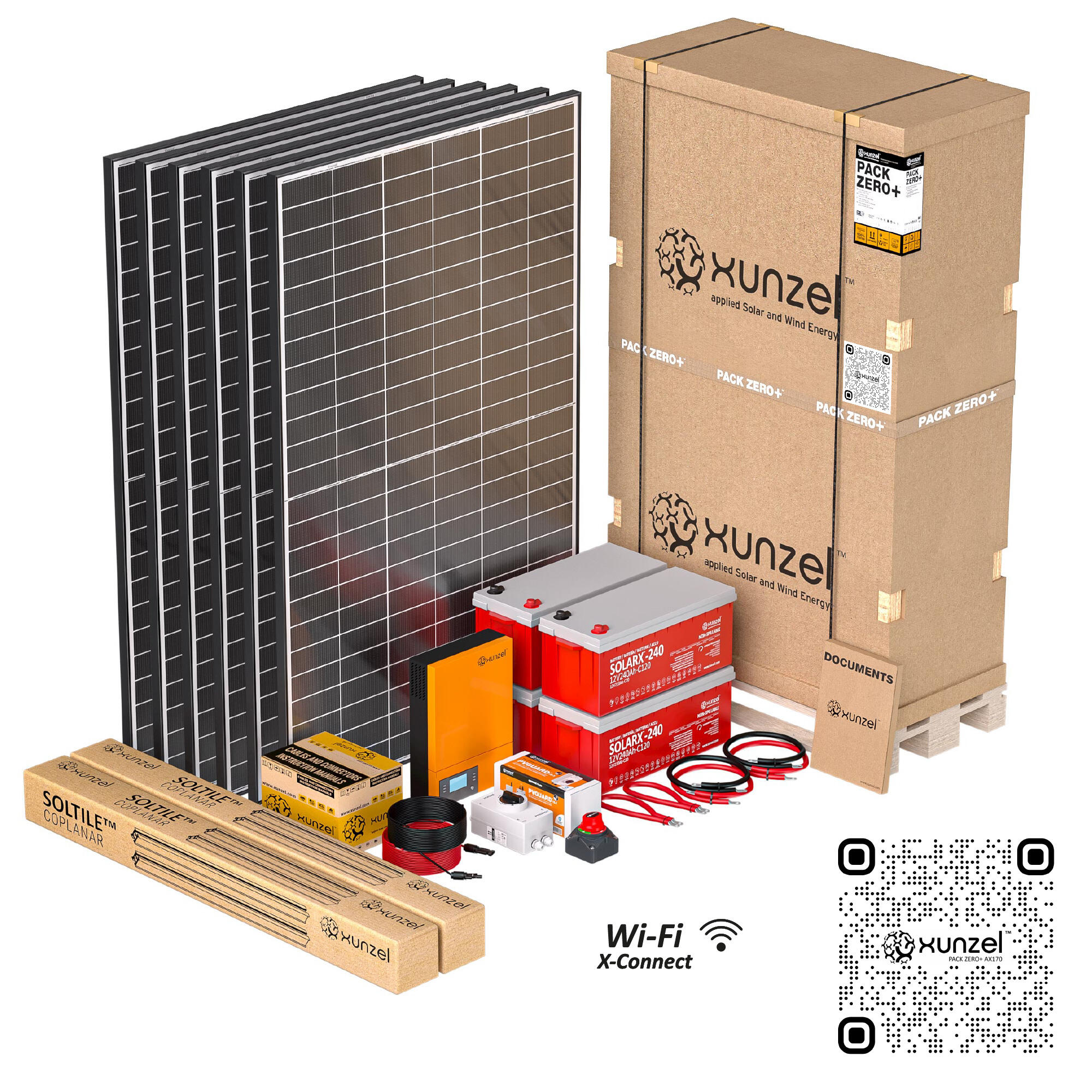 Kit solar pack zero+ax170 xunzel 15kwhd,batería 12kwh,inversor 3kw wifi,soportes