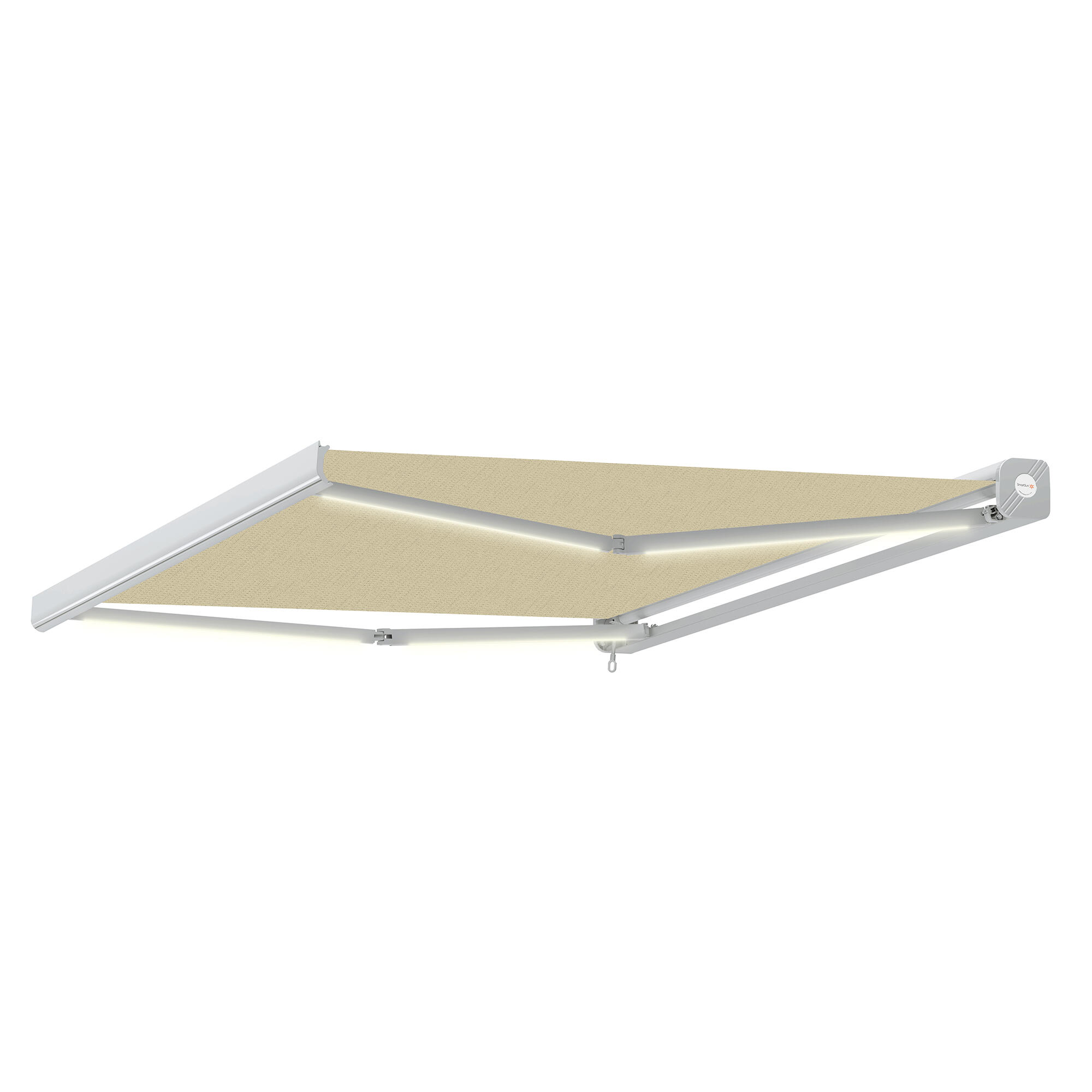 Toldo brazo extensible 6x3 m para terraza memphis led motorizado con mando cofre blanco y tela acrílica beige