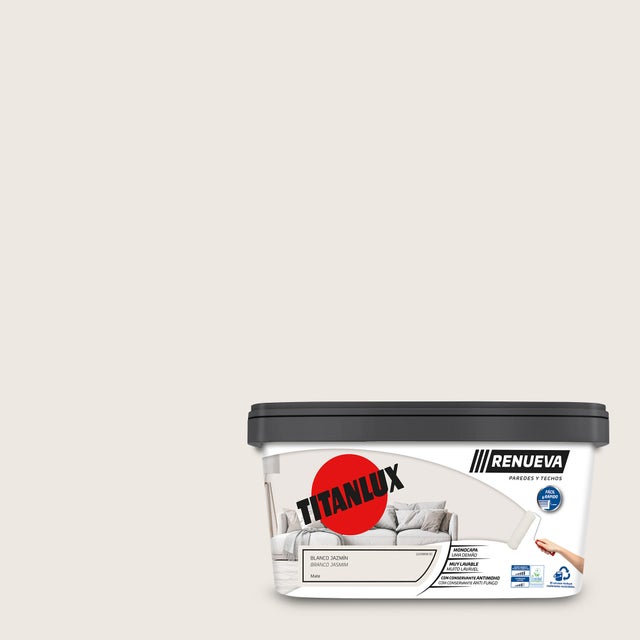 Pintura de interior Renueva TITANLUX color blanco jazmín mate 4L para paredes y techos