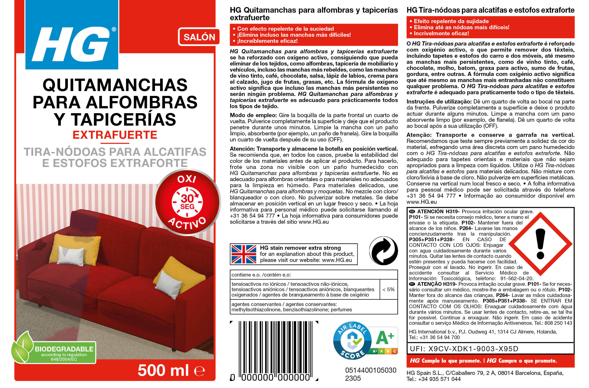 Spray anti manchas alcatifas e estofos extra forte 500 ml HG - 2