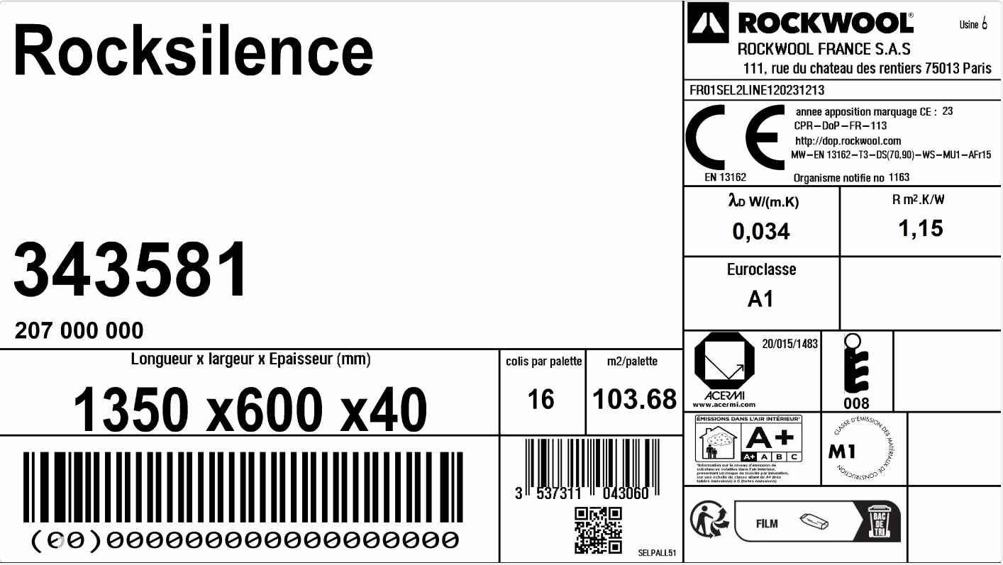 Panneau de laine de roche ROCKWOOL Rocksilence, Ep.40mm, 1.35x0.6m - 9