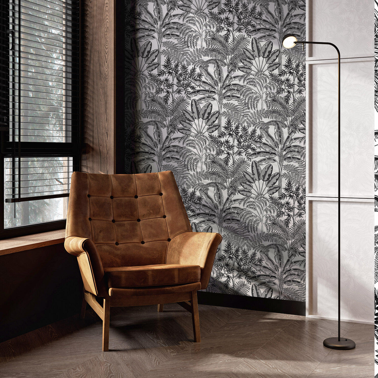 Papel pintado vinílico tropical negro 0,53 x 10,05 metros