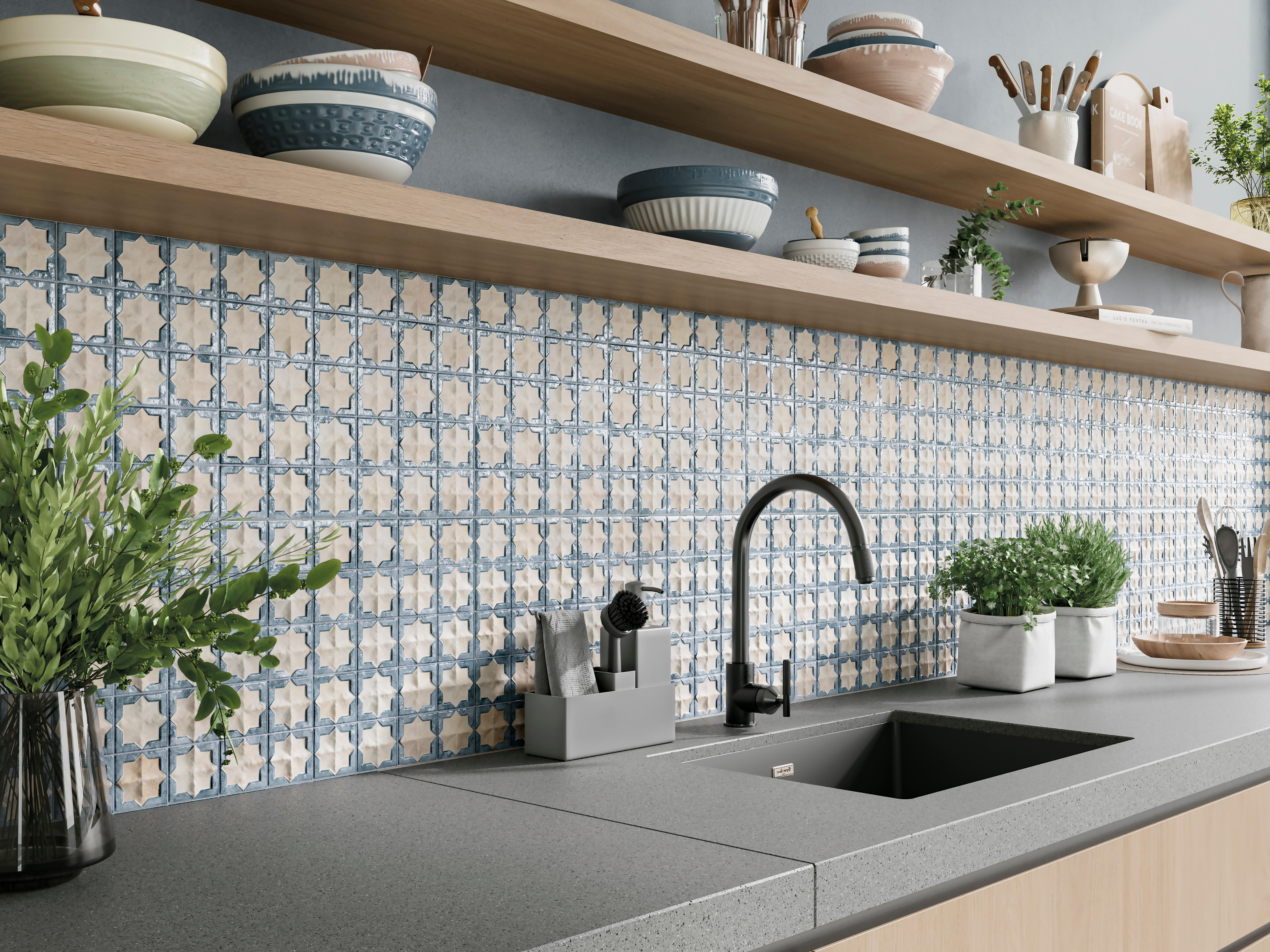 Azulejo porcelánico tetuan efecto hidráulico arena aqua 31x56 cm