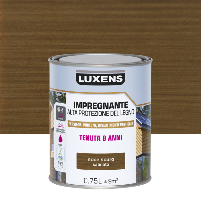 Impregnante per legno da esterno a base acqua LUXENS Alta Protezione noce scuro satinato 0.75 lt, 8 anni di protezione.