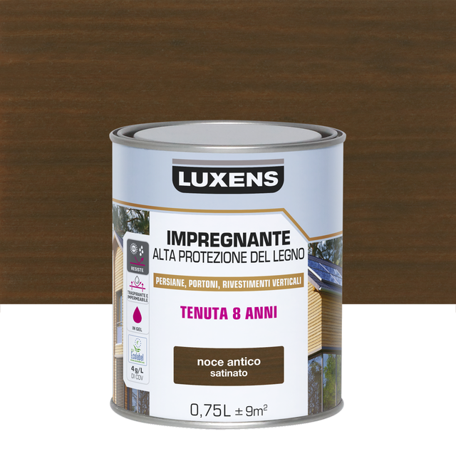 Impregnante per legno da esterno a base acqua LUXENS Alta Protezione noce antico satinato 0.75 lt, 8 anni di protezione.