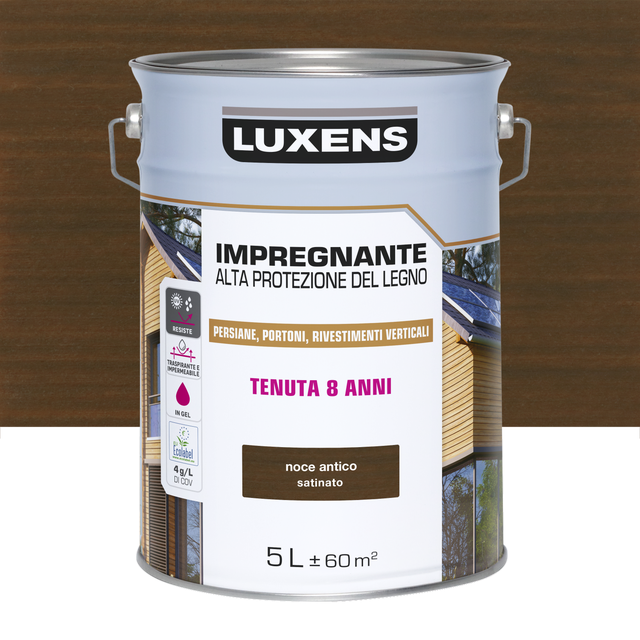 Impregnante per legno da esterno a base acqua LUXENS Alta Protezione noce antico satinato 5 lt, 8 anni di protezione.