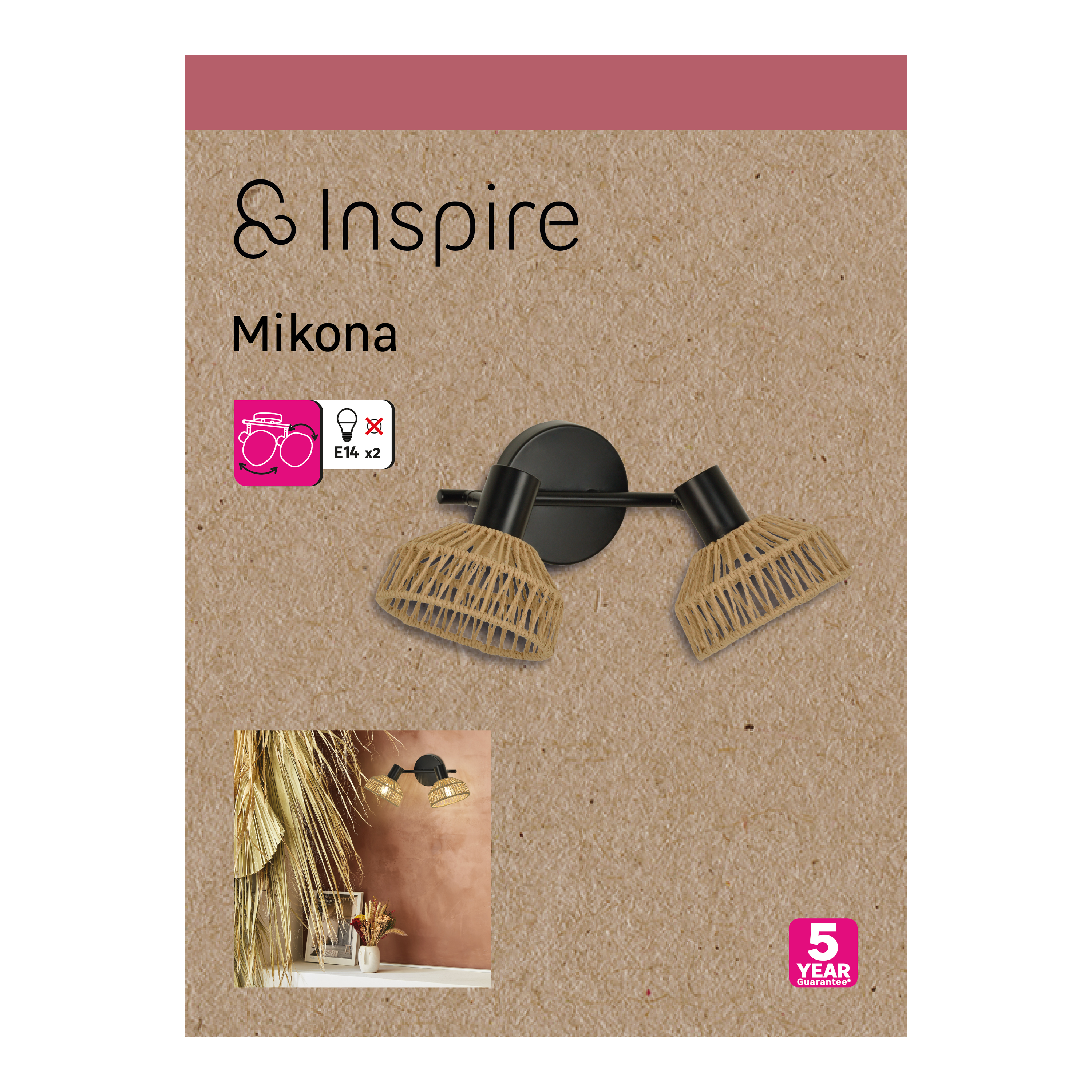 Rampe de 2 spots, E14, acier/corde, Mikona, INSPIRE - 12