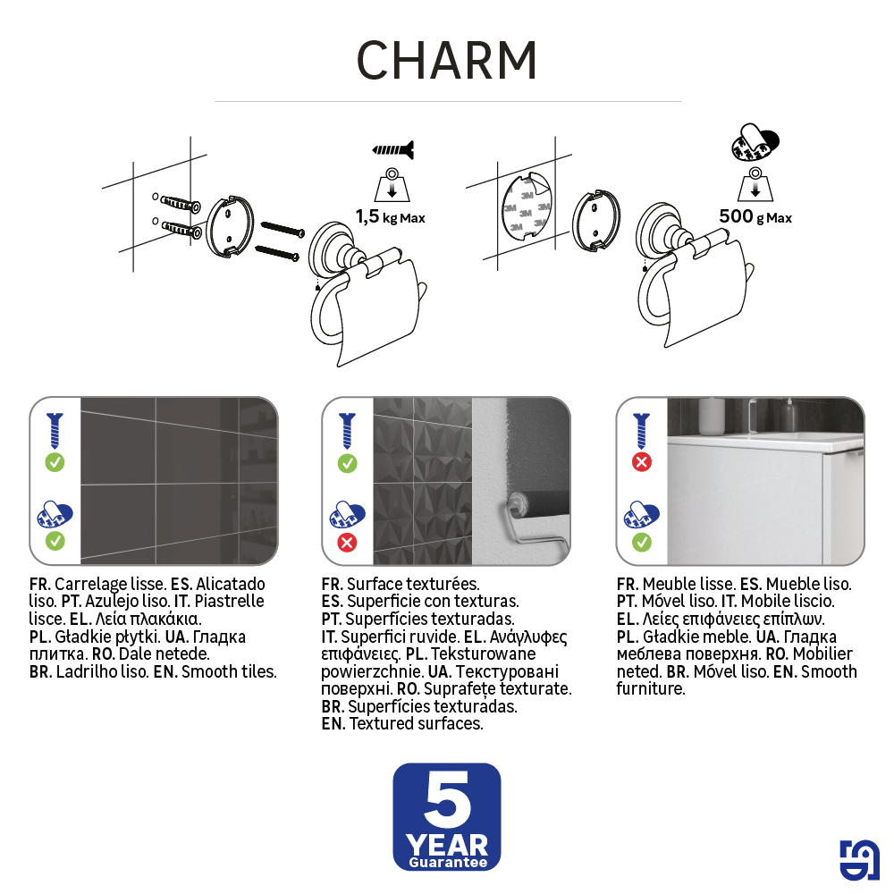 Portarrollos de papel higiénico Charm plata adheviso o para atornillar, perforar, sin perforación - 12