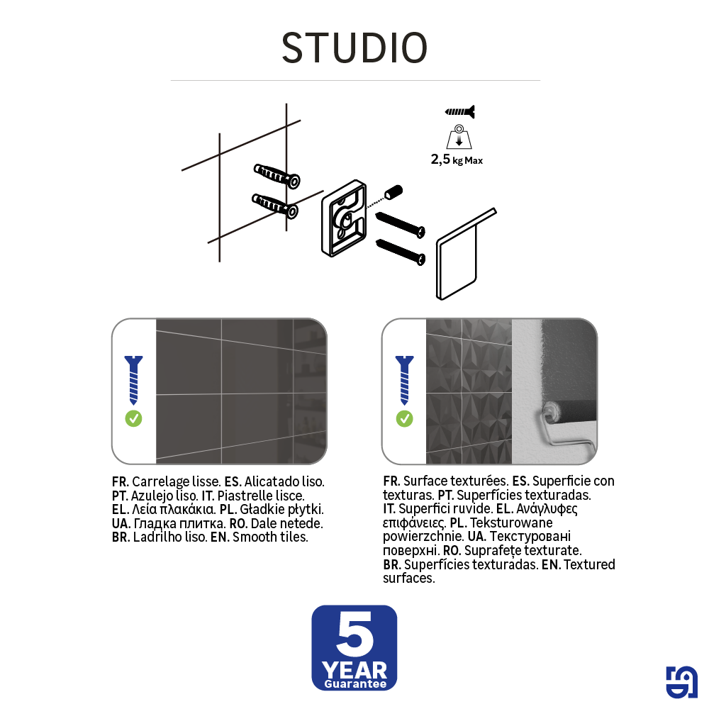 Percha/perchero Studio acero negro  con 2 ganchos - 12