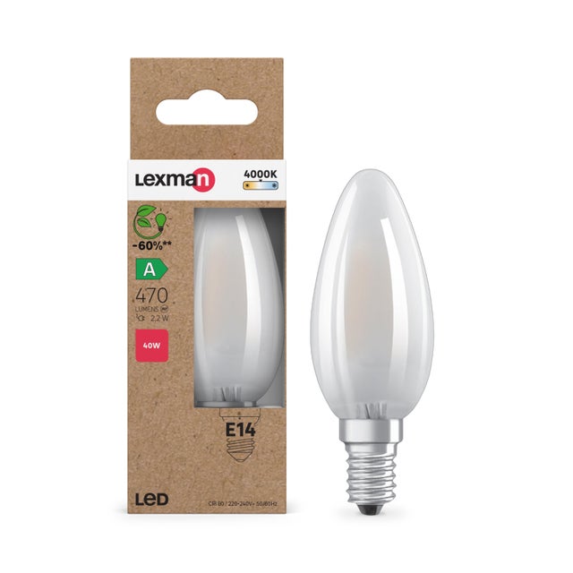 Ampoule led, flamme, E14, 470lm, classe énergétique A, blanc neutre, LEXMAN