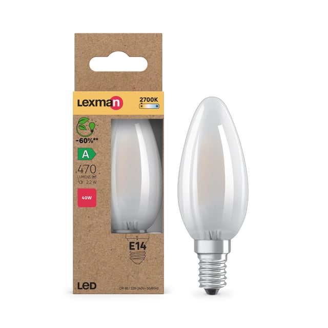 Ampoule led, flamme E14, 470lm, classe énergétique A, blanc chaud, LEXMAN