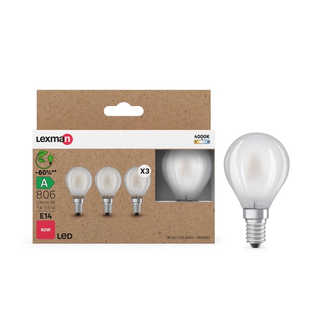 3 ampoules led, sphérique, E14, 806lm, classe énergétique A, blanc neutre LEXMAN