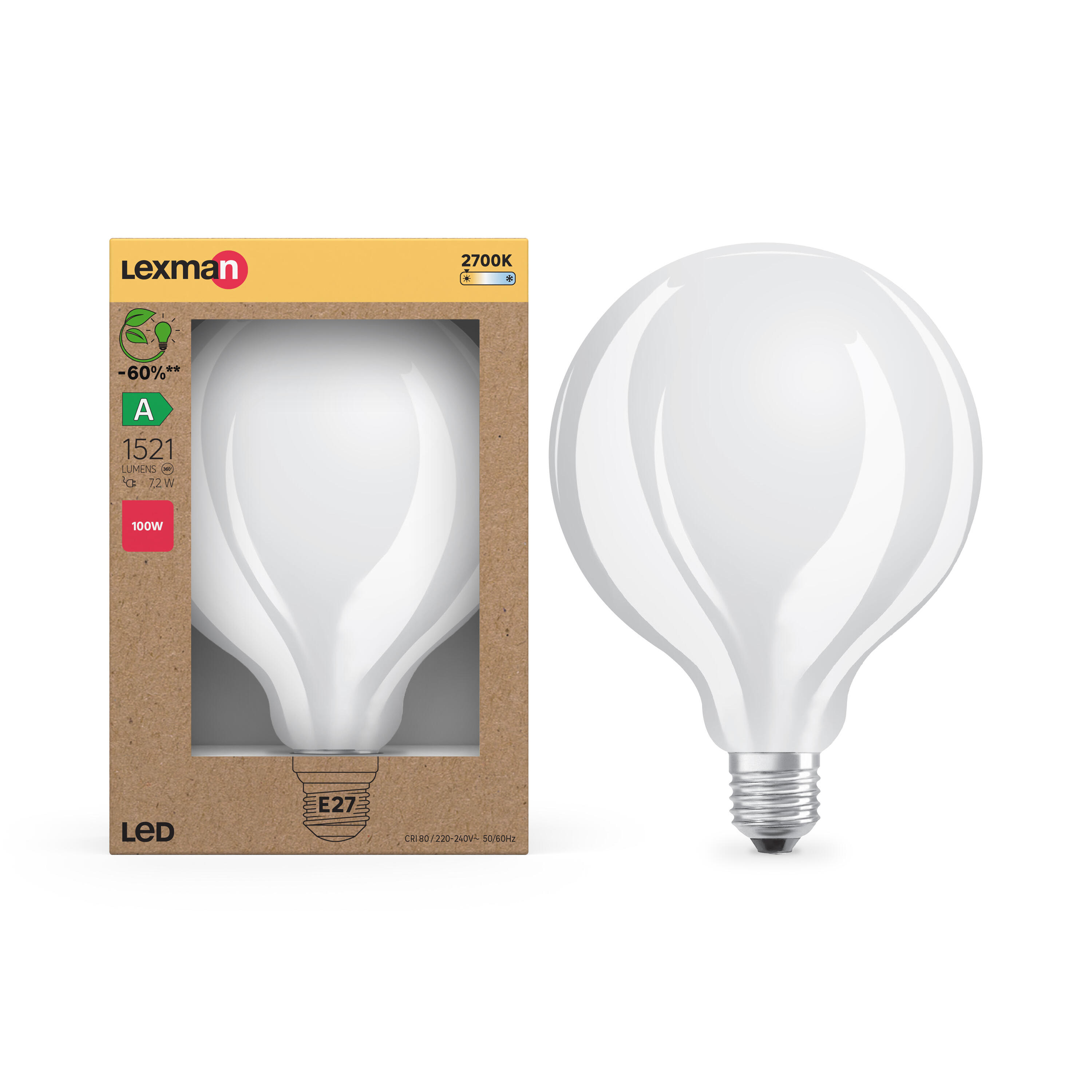 Lampadina LED filamento, E27 globo, opaco, luce calda, 8W = 1521 LM (equiv 100 W) classe energetica A 330° LEXMAN - 3