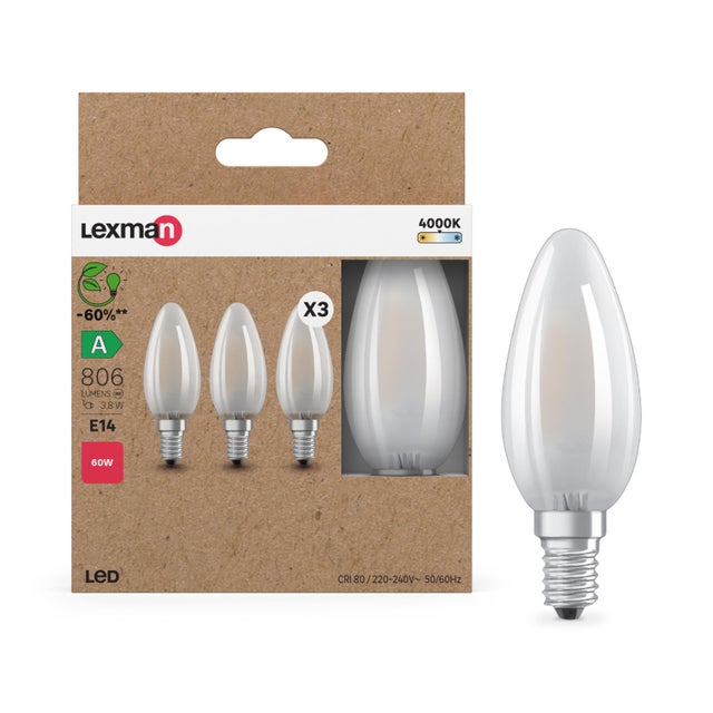 Pack de 3 bombillas LED filamento E14 vela opaco 3.8W 806 lm blanco neutro