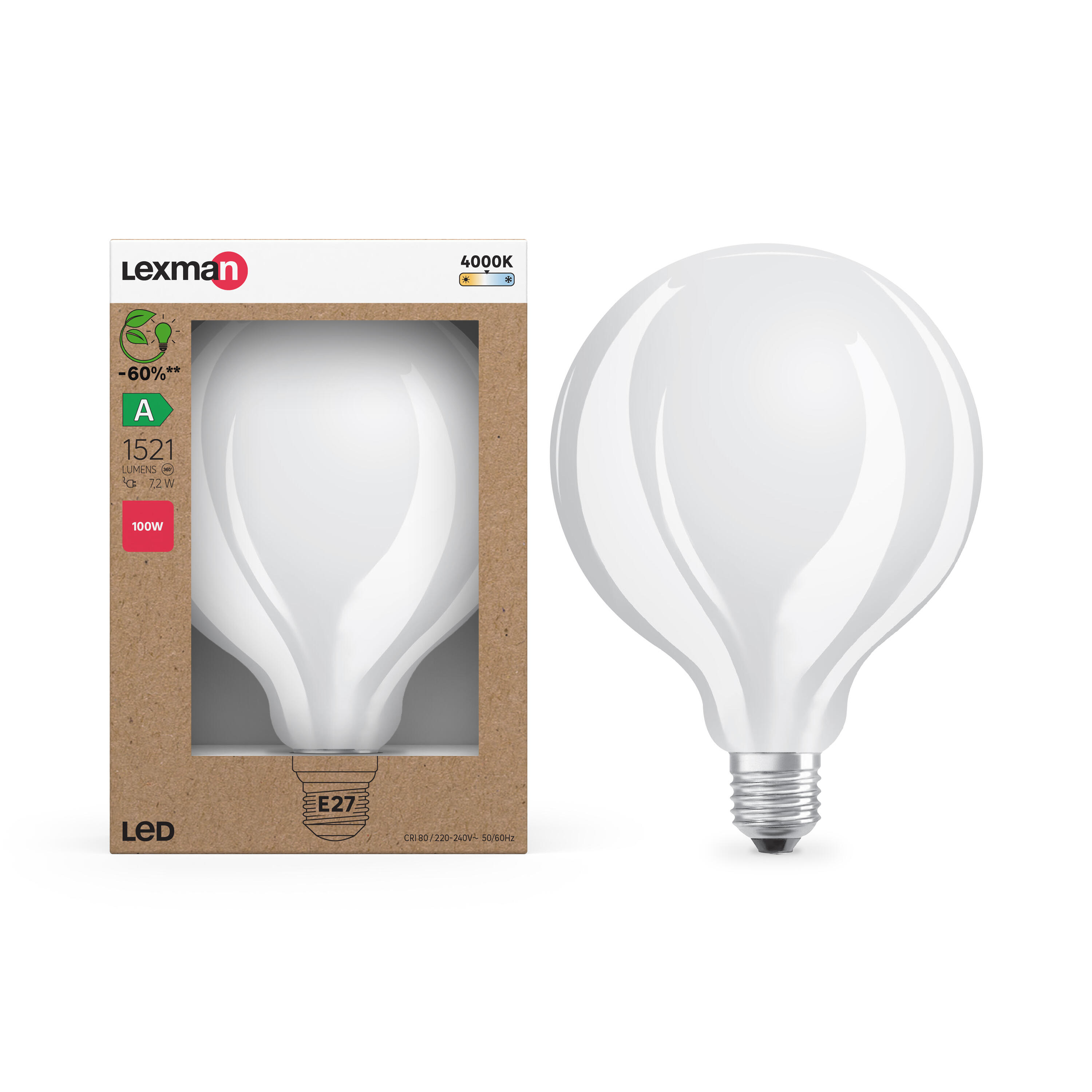 Lampadina LED filamento, E27 globo, opaco, luce naturale, 8W = 1521 LM (equiv 100 W) classe energetica A, LEXMAN - 3