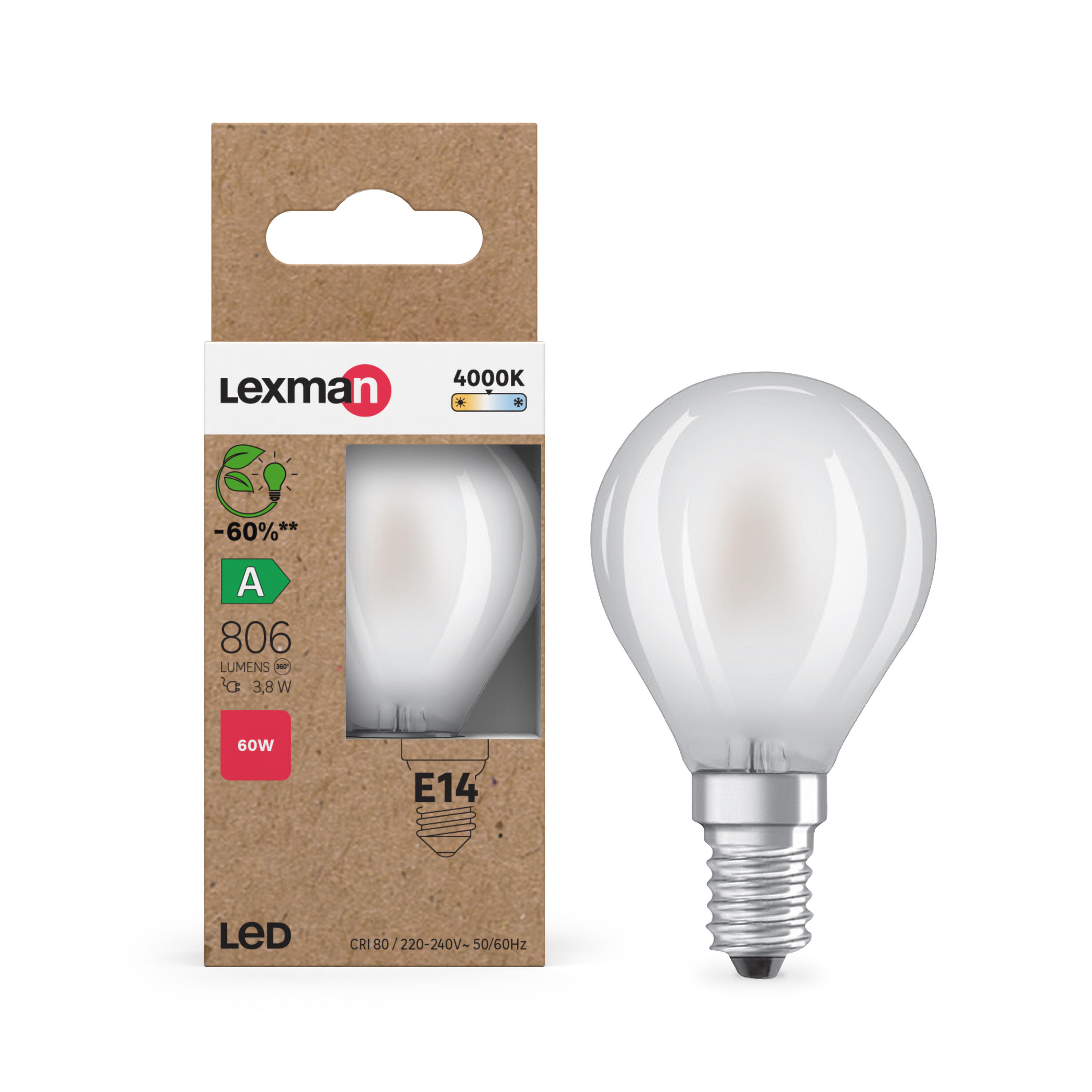 Lampadina LED filamento, E14 sferico, opaco, 4W= 806 LM (equiv 60 W), classe energetica A, LEXMAN - 3