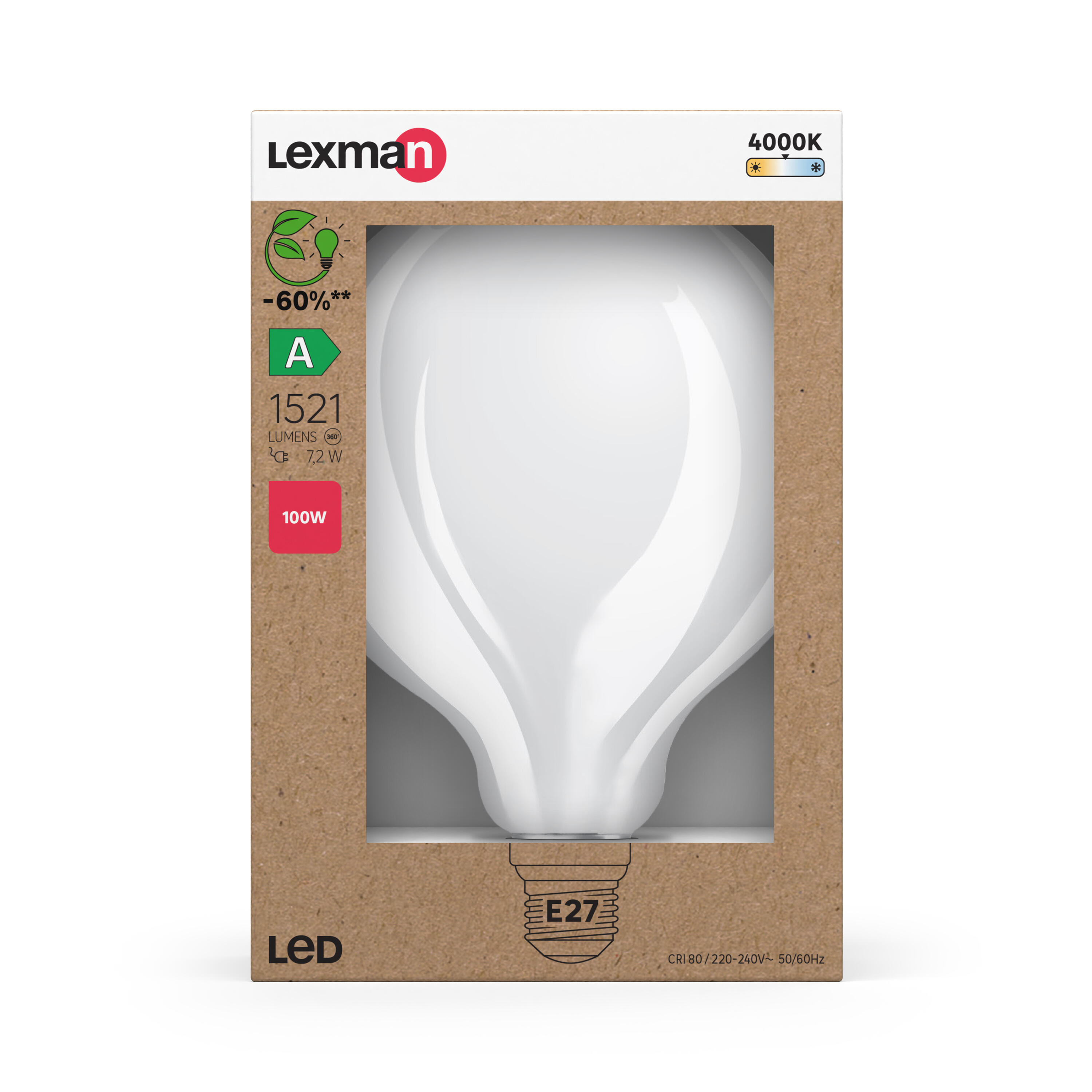 Lampadina LED filamento, E27 globo, opaco, luce naturale, 8W = 1521 LM (equiv 100 W) classe energetica A, LEXMAN - 5