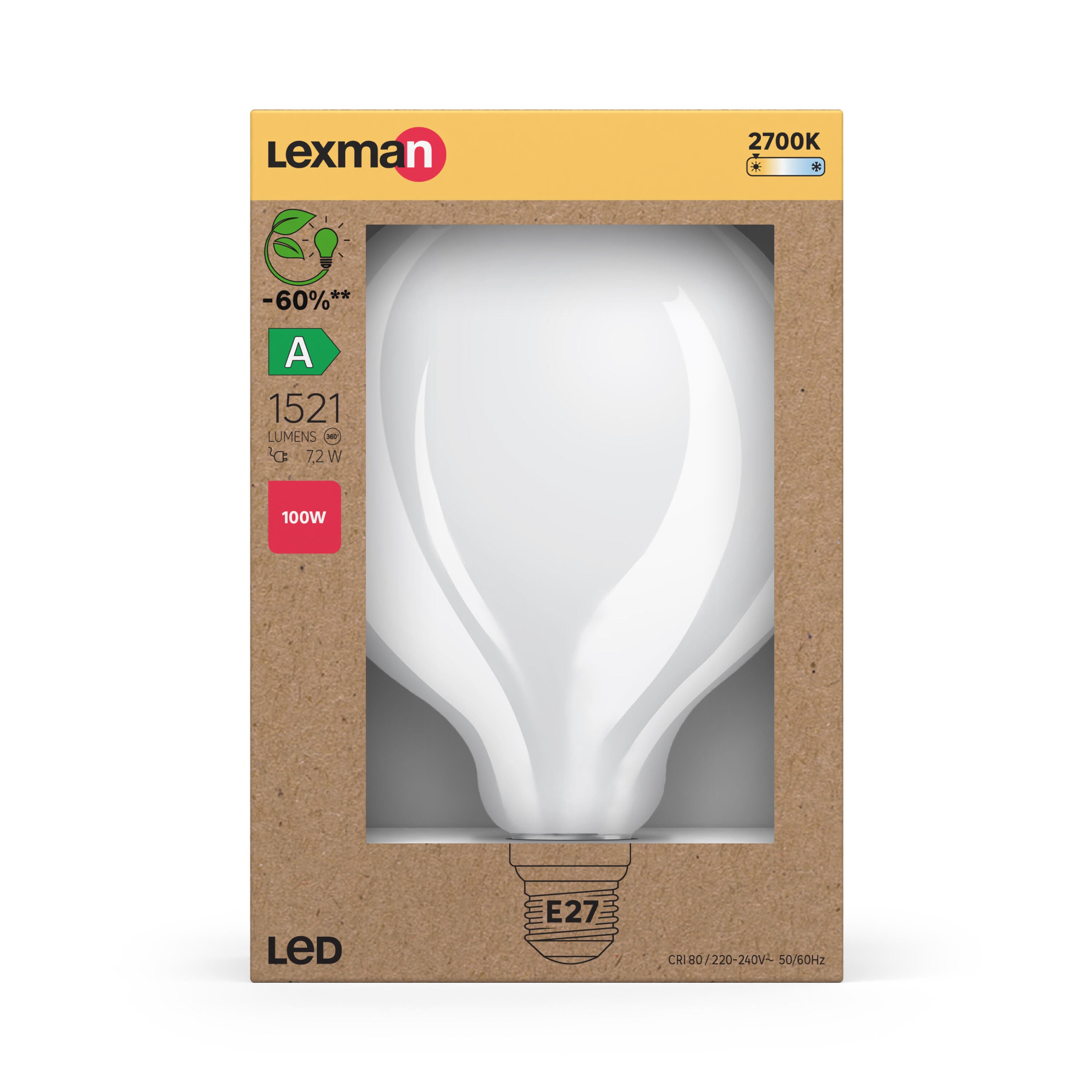 Lampadina LED filamento, E27 globo, opaco, luce calda, 8W = 1521 LM (equiv 100 W) classe energetica A 330° LEXMAN - 5
