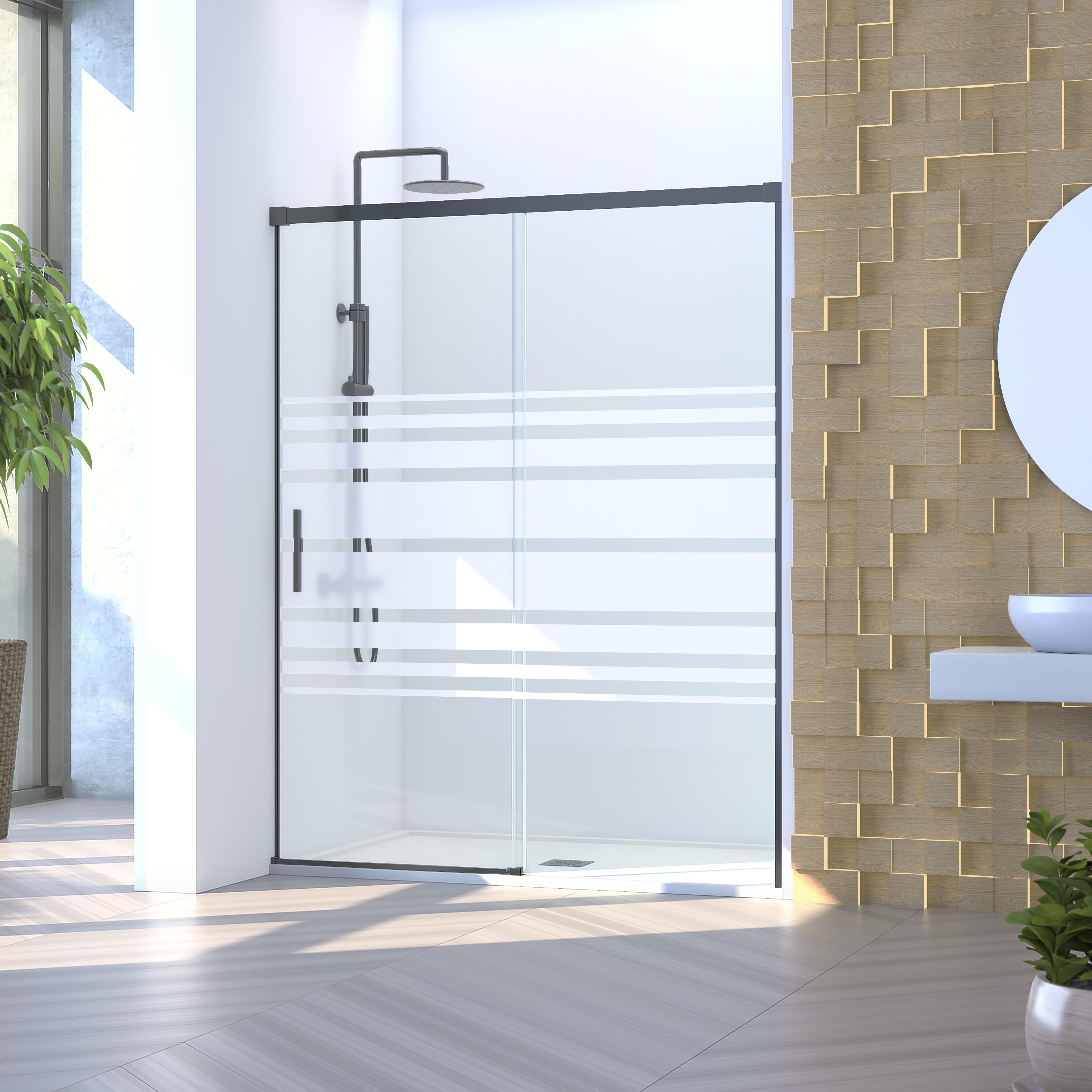 Mampara de ducha frontal 1 fijo + 1 puerta corredera serigrafiada Vitria perfil aluminio negro (150-155)x199.2 cm cierre de sobreponer marca Glassinox - 5