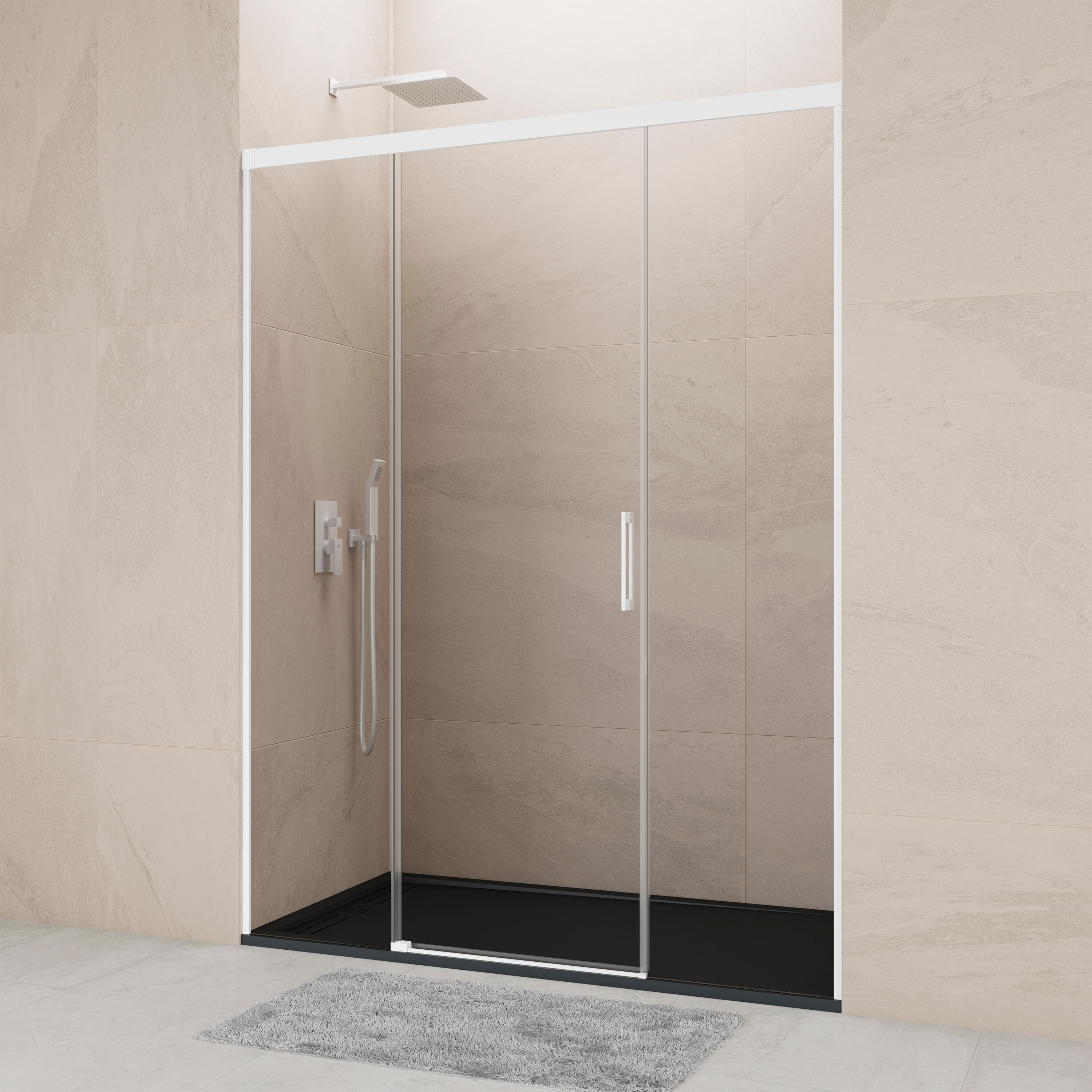 Mampara de ducha corredera 2 hojas fijas + 1 puerta corredera noa. perfil aluminio blanco. ancho adaptable (140-145)x195 cm cristal templado de seguridad transparente. cierre magnético gme