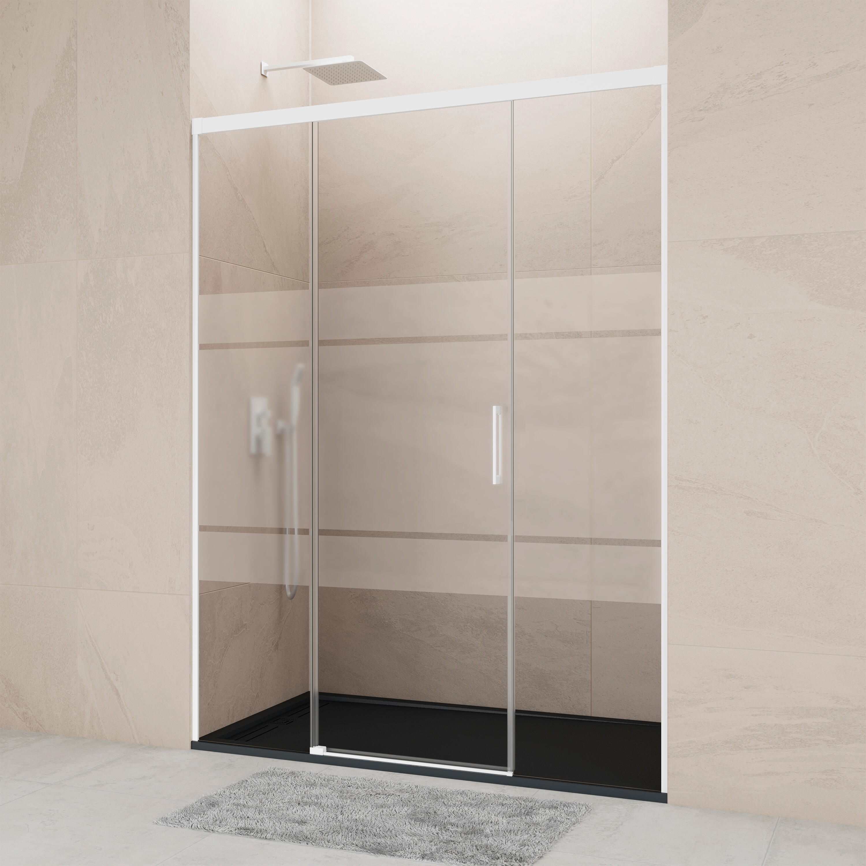 Mampara de ducha corredera 2 hojas fijas + 1 puerta corredera noa. perfil aluminio blanco. ancho adaptable (150-155)x195 cm cristal templado de seguridad serigrafiado. cierre magnético gme