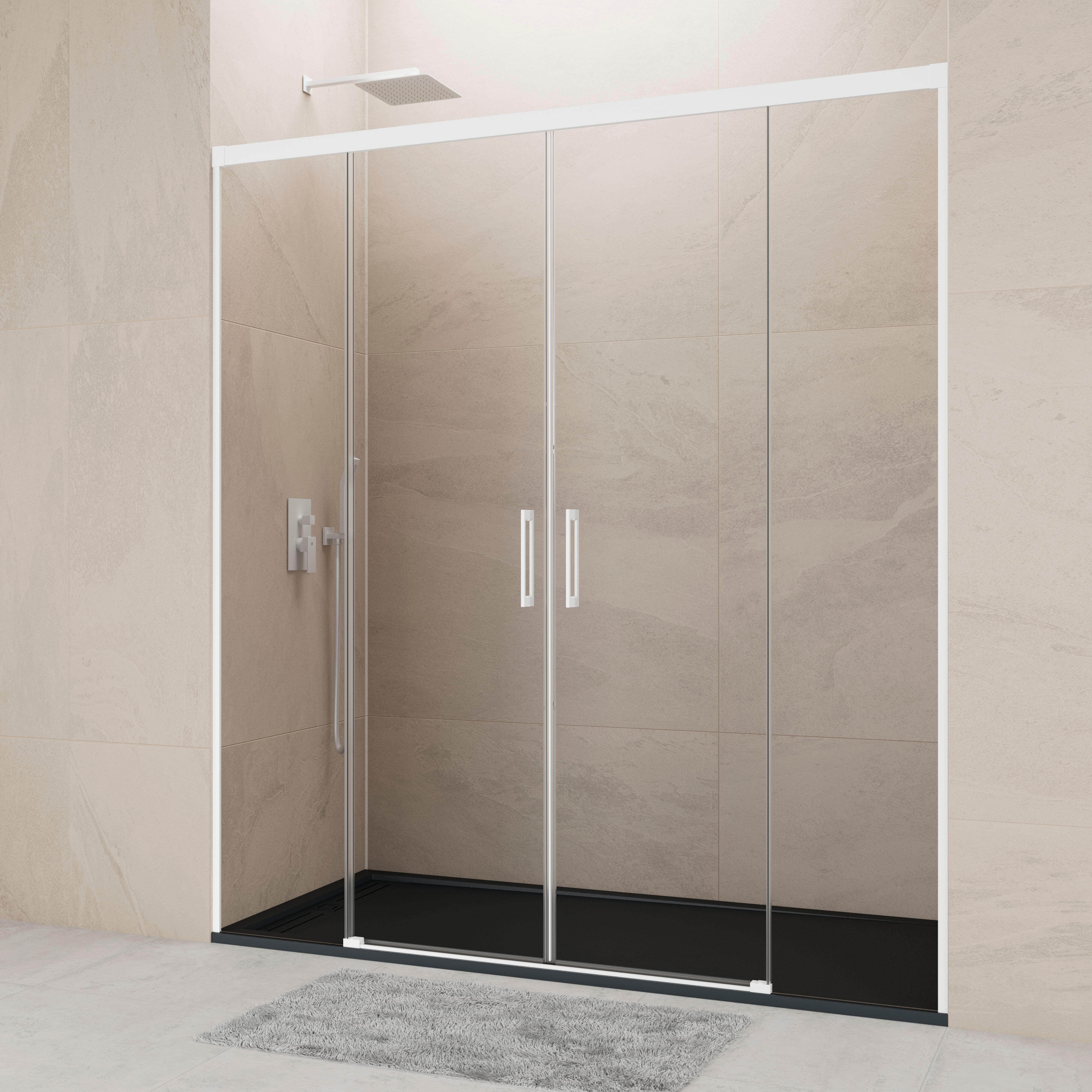 Mampara de ducha frontal 2 fijos + 2 puertas corredera transparente noa perfil aluminio blanco (142-152)x195 cm cierre magnético marca gme