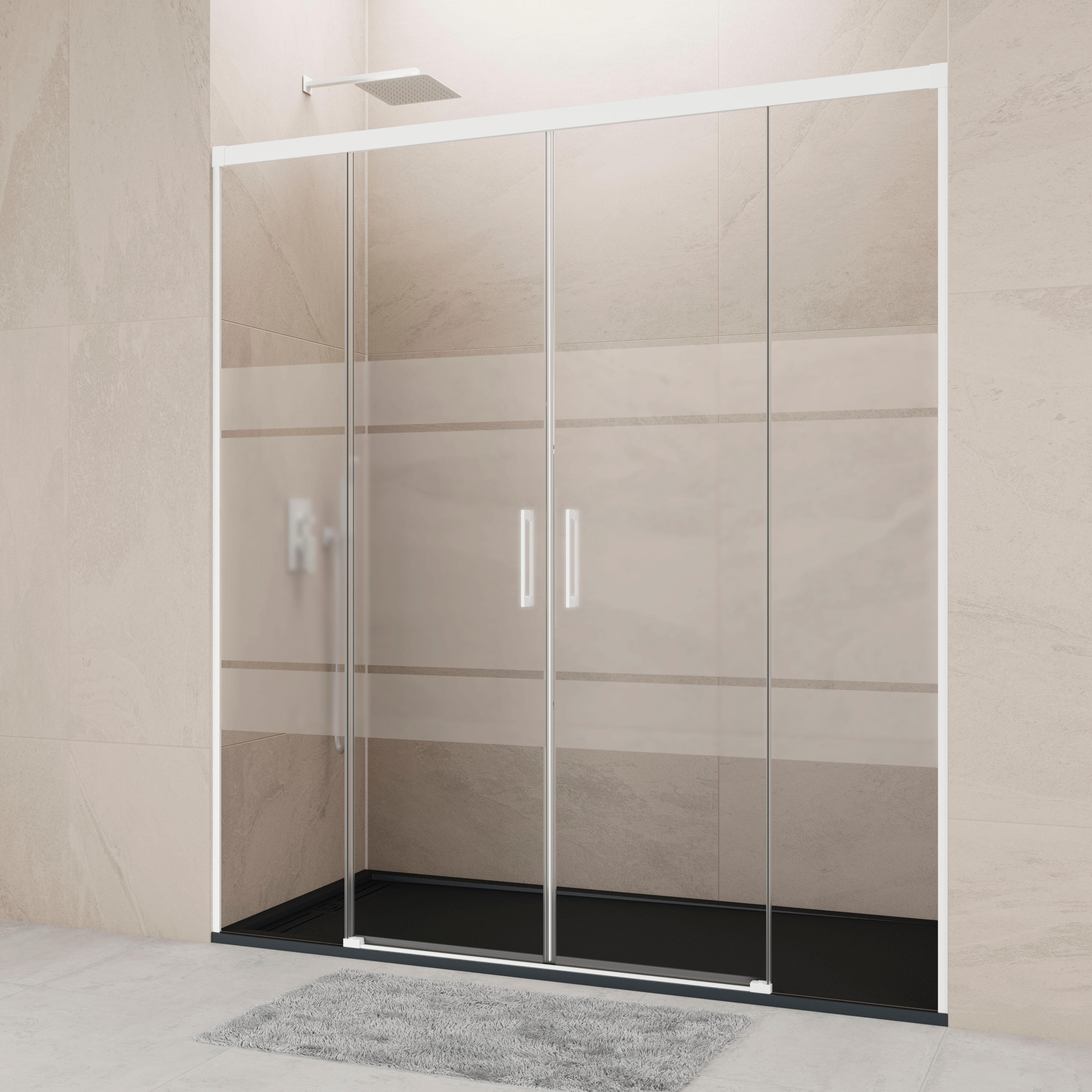 Mampara de ducha frontal 2 fijos + 2 puertas corredera serigrafiada noa perfil aluminio blanco (142-152)x195 cm cierre magnético marca gme